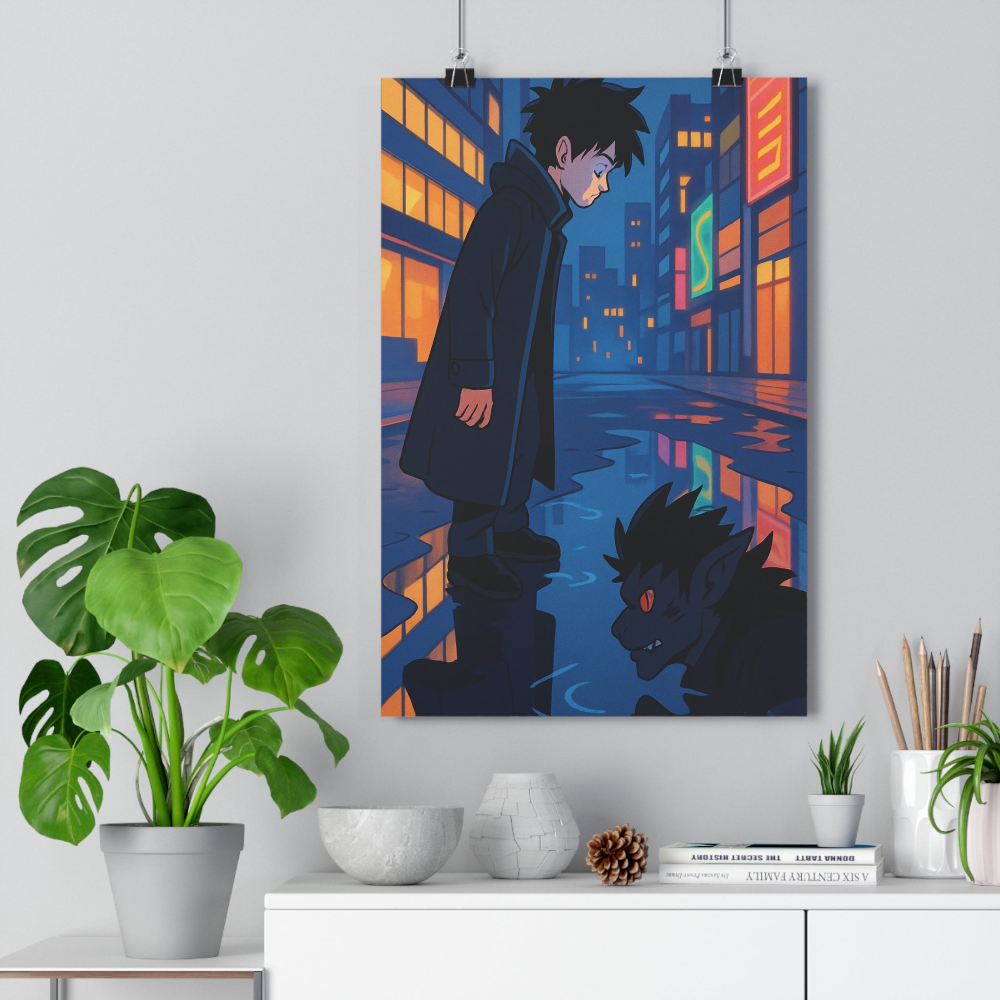 Poster décoratif moderne bleu orange rouge mystique urbain chambre salon design intrigant contemporain unique