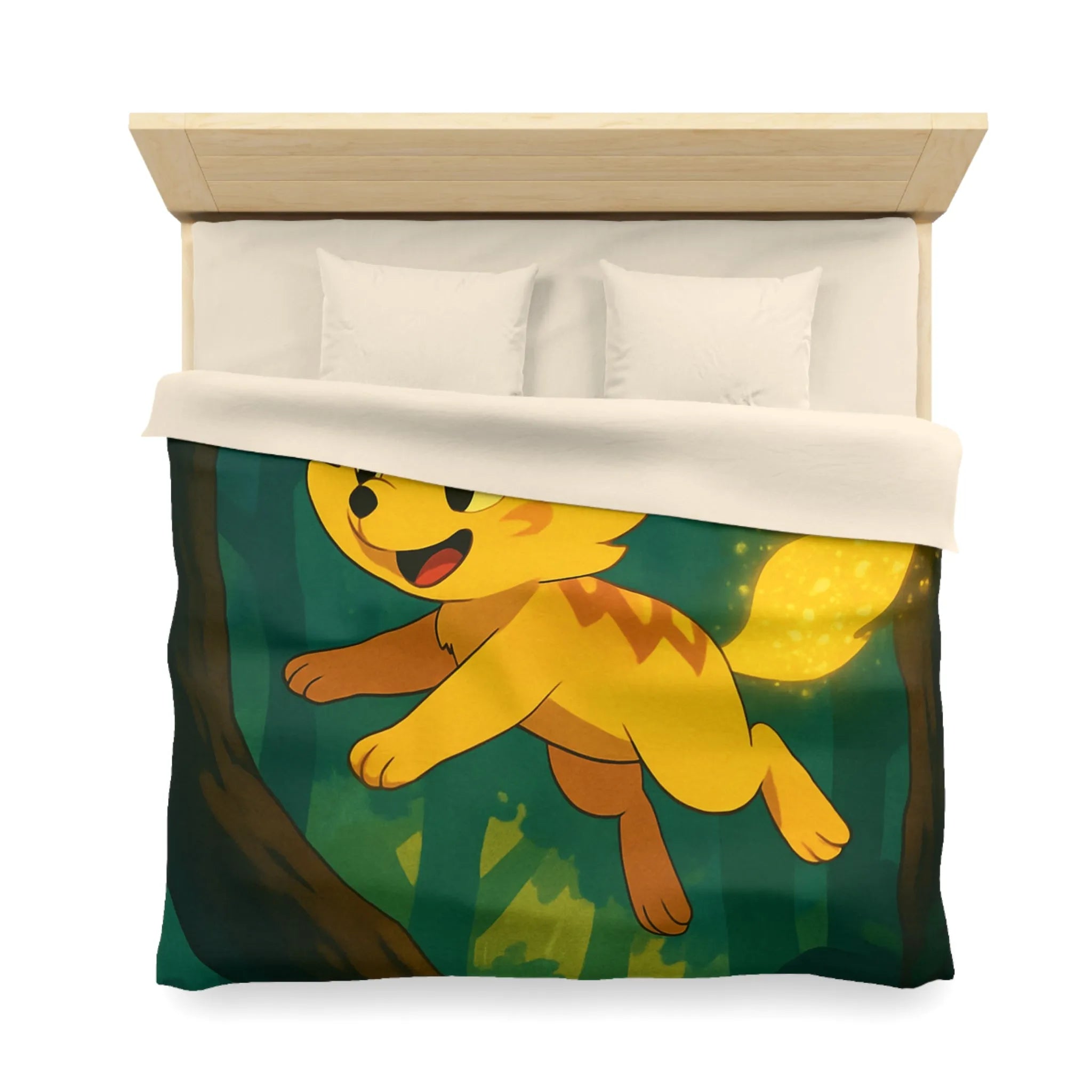 Housse de couette forêt féérique avec créature magique jaune sautant joyeusement à travers les arbres