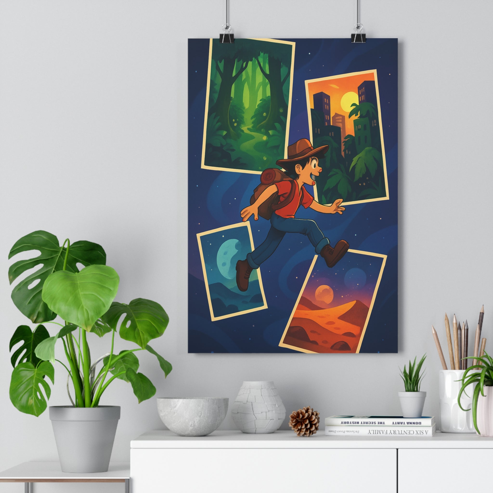Poster décoratif aventure dessin animé coloré forêt ville lune désert chambre enfant ambiance qualité