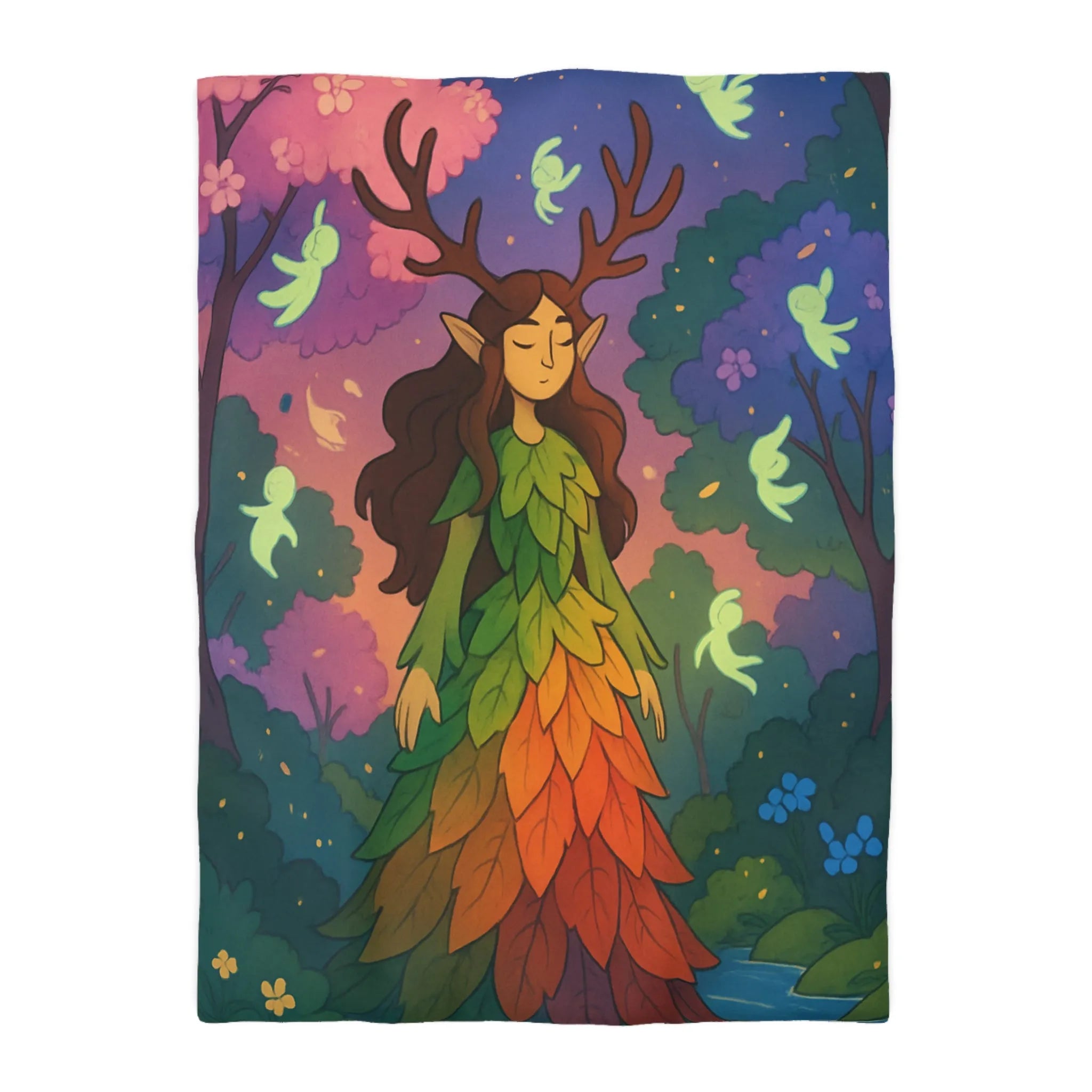 Housse de couette féerique forêt avec créatures lumineuses, design feuilles arc-en-ciel enchanteur