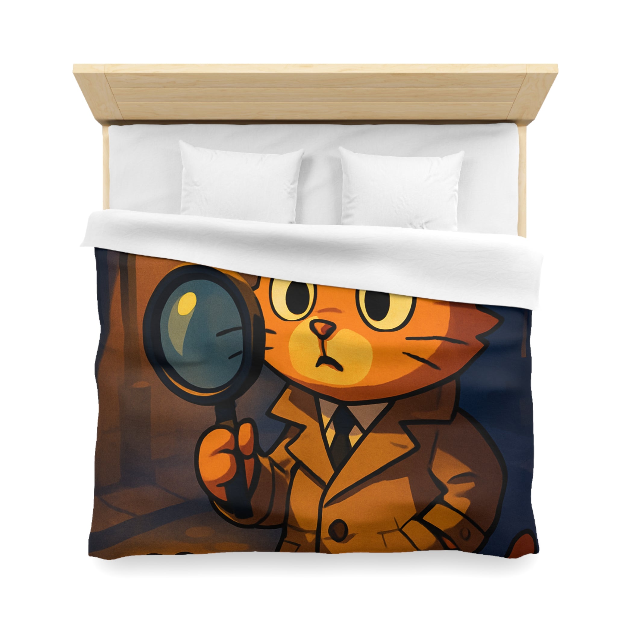 Housse de couette motif chat détective illustré avec lampe et empreinte mystérieuse