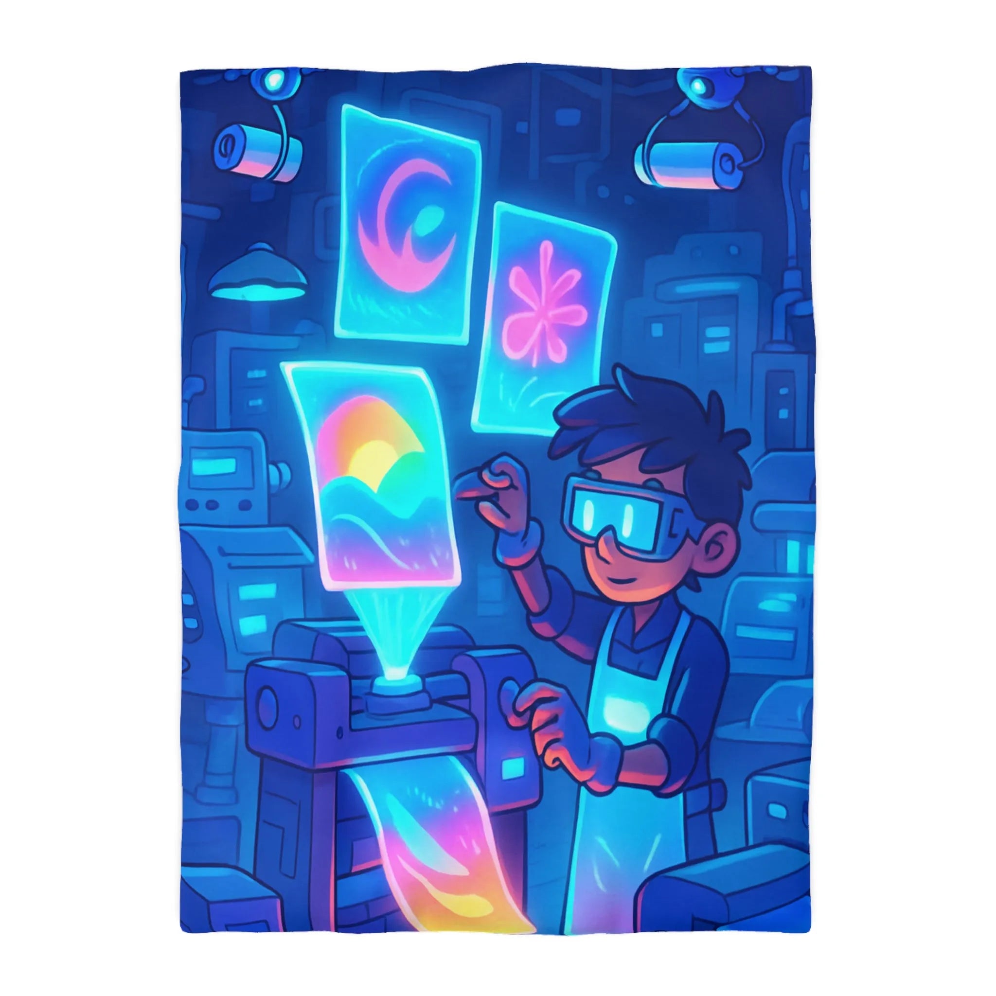 Housse de couette avec design futuriste lumineux d'imprimante et personnage créatif