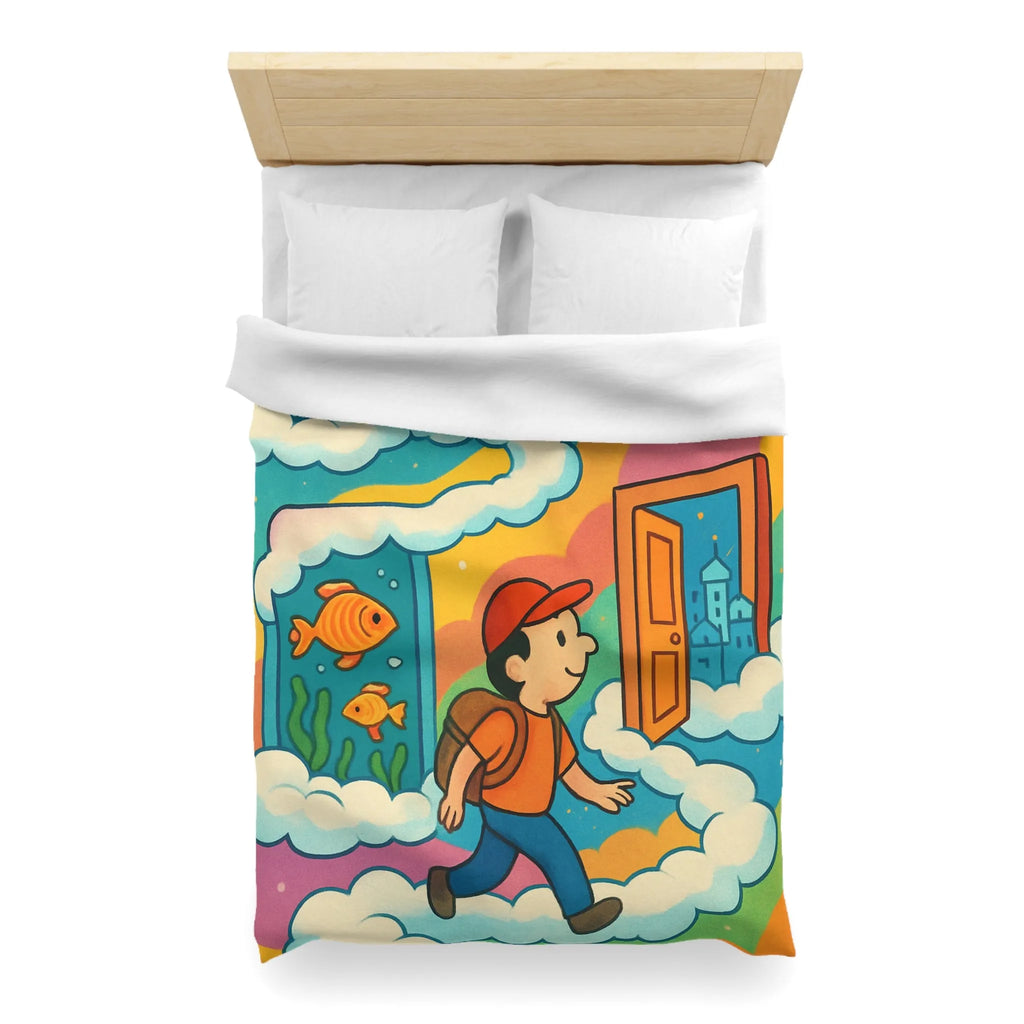 Housse de couette colorée avec portes magiques, nuages et aventure pour enfants rêveurs