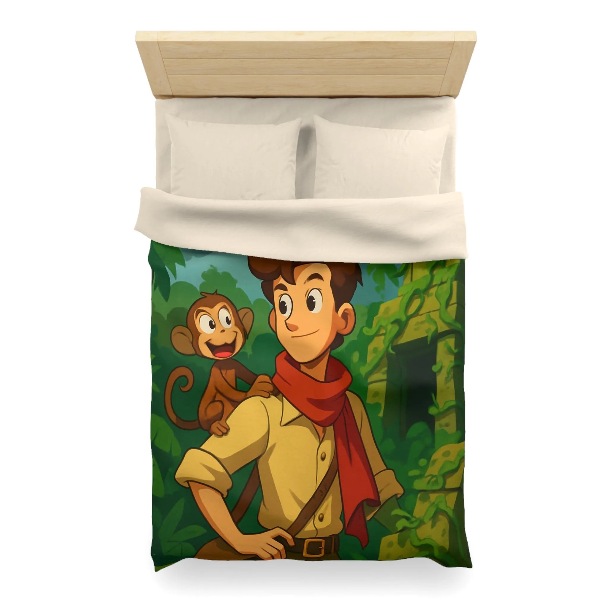 Housse de couette jungle aventure avec singe, avion biplan et ruines mystérieuses