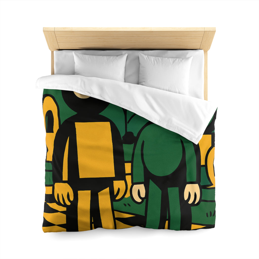 Housse de couette style pop-art cartoon avec personnages et paysage graphique original