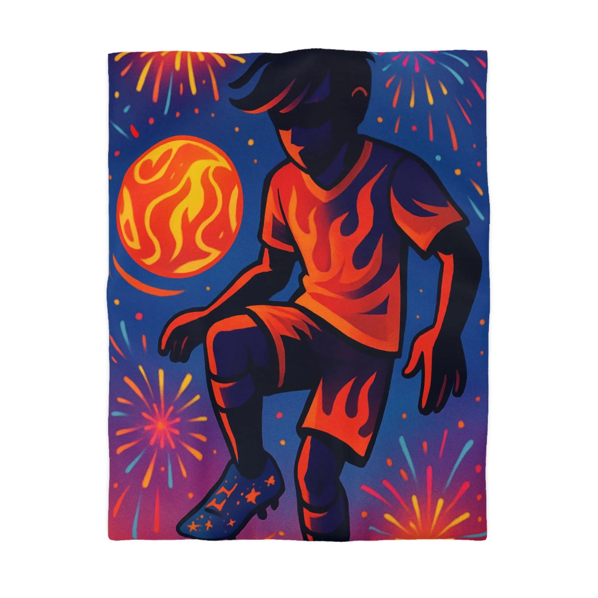 "Housse de Couette avec Joueur de Football en Feu et Feux d’Artifice Colorés"