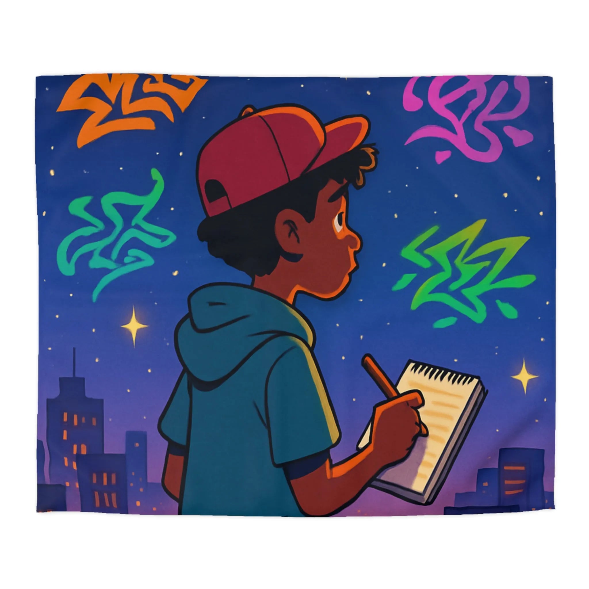 Housse de couette avec jeune artiste dessinant sous un ciel étoilé urbain coloré