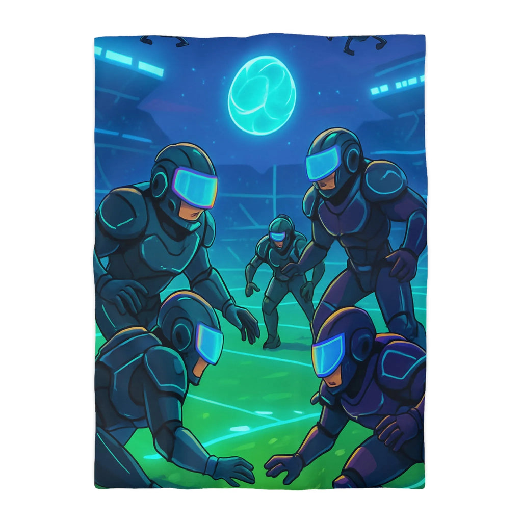 Housse de couette futuriste avec joueurs cybernétiques et drones sur terrain de sport