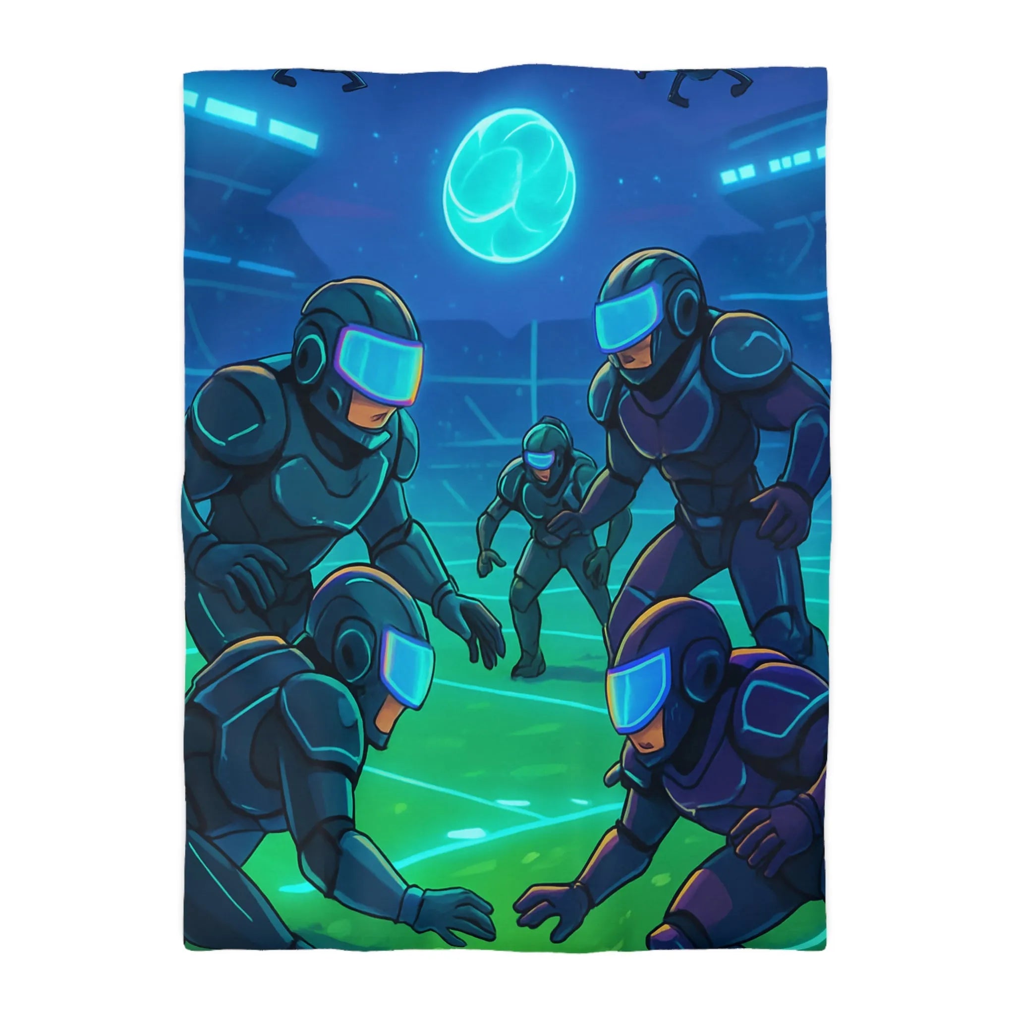Housse de couette futuriste avec joueurs cybernétiques et drones sur terrain de sport