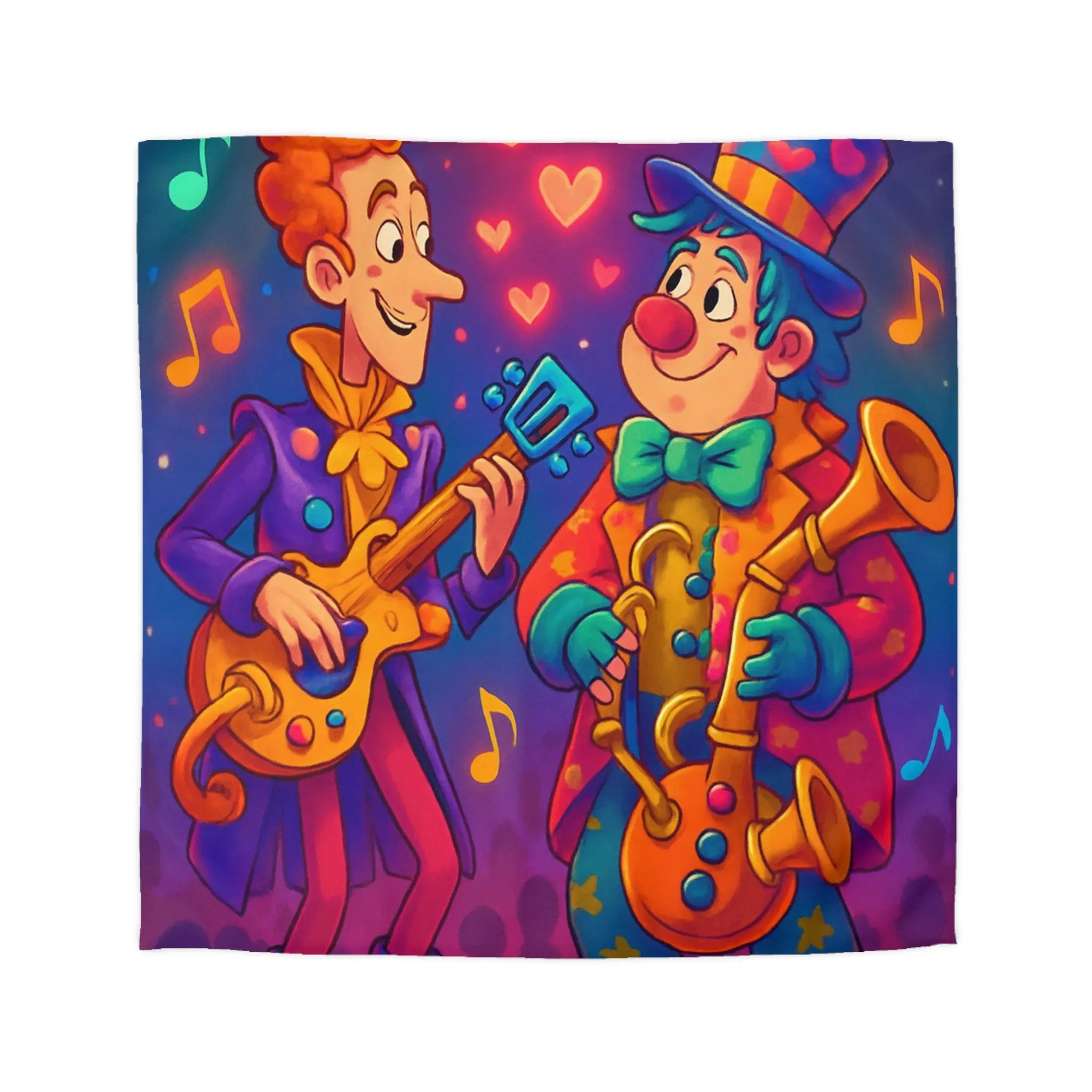 Housse de couette colorée avec musiciens joyeux jouant guitare et saxophone sous projecteurs