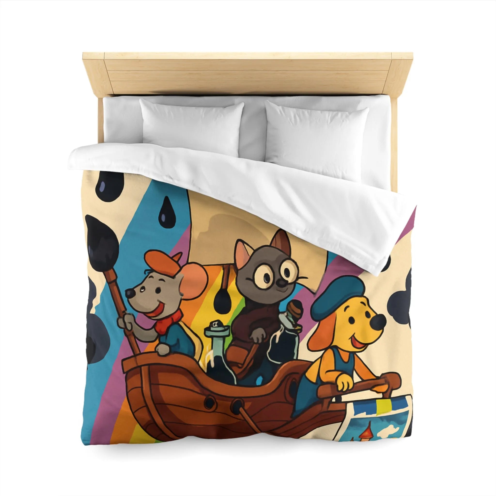 Housse de couette enfant avec animaux navigateurs sur arc-en-ciel et bateau enchanteur