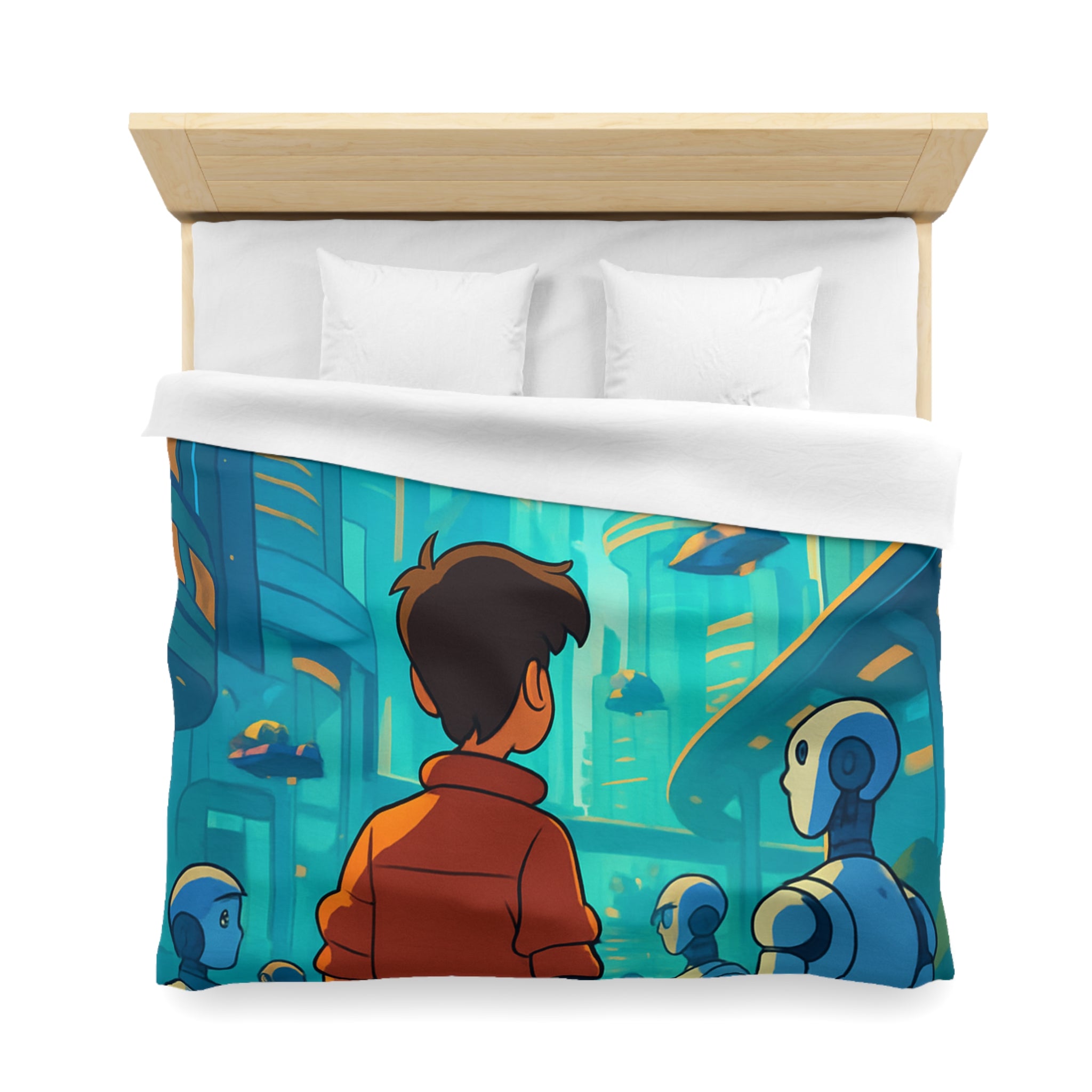 Housse de couette urbaine futuriste avec robots et affiches lumineuses pour chambre moderne