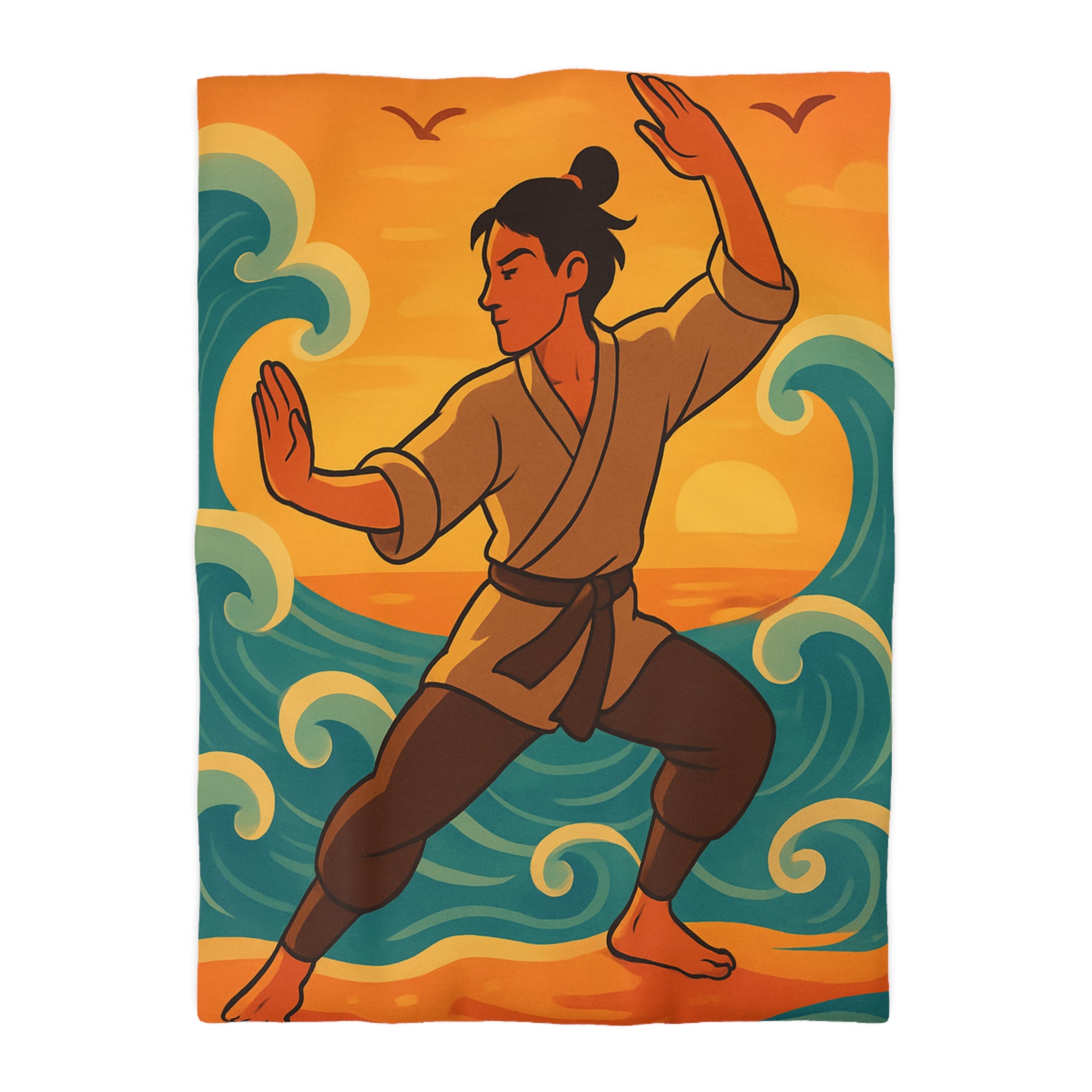 Housse de Couette Style Japonais Art Martial Coucher de Soleil et Océan Bleu