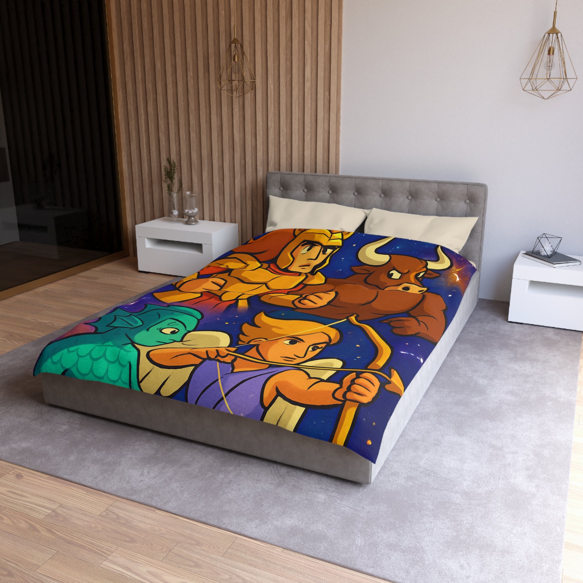 Housse de couette zodiaque illustrée avec chevalier, taureau, ange et créature marine