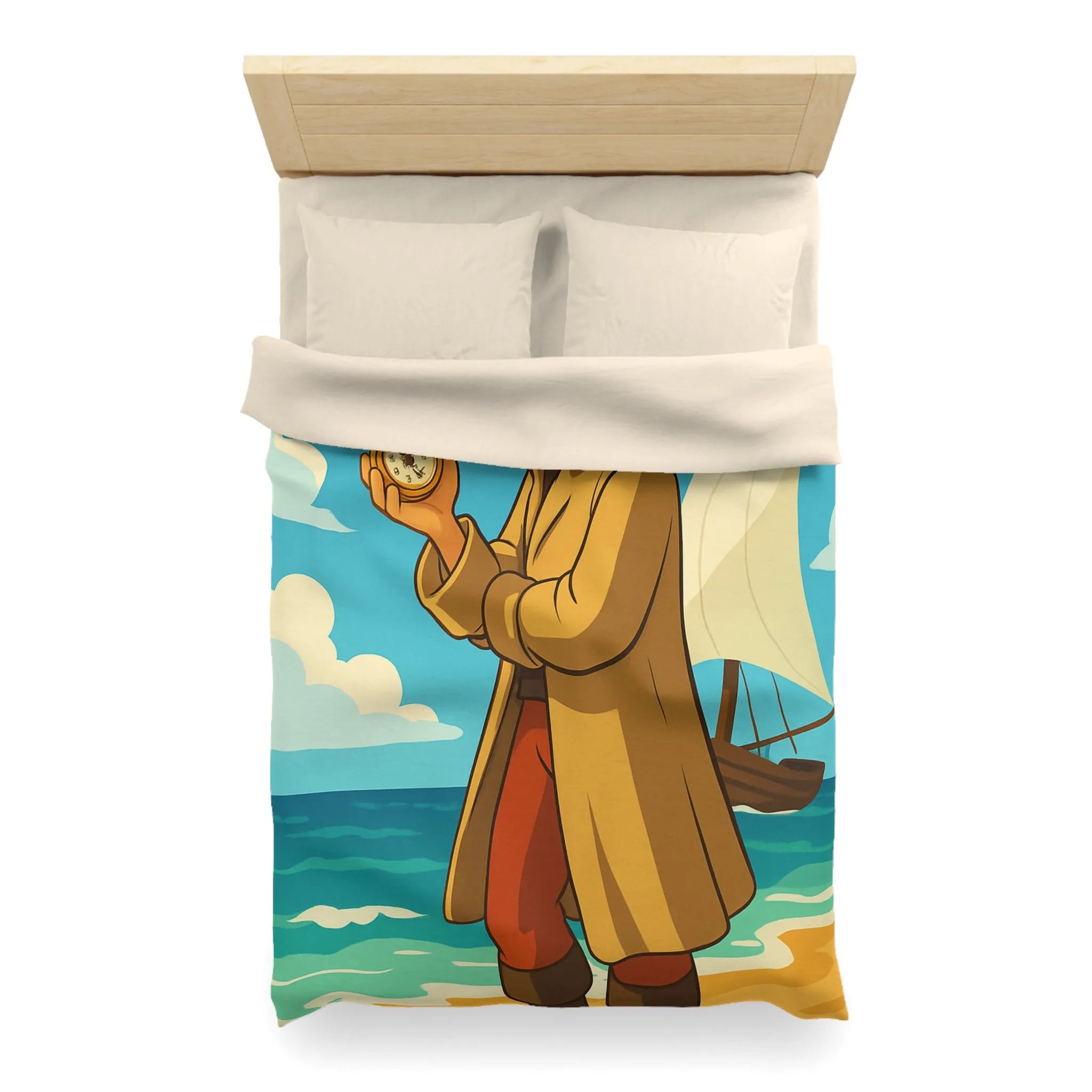 Housse de couette avec illustration de marin vintage et montres de poche sur plage