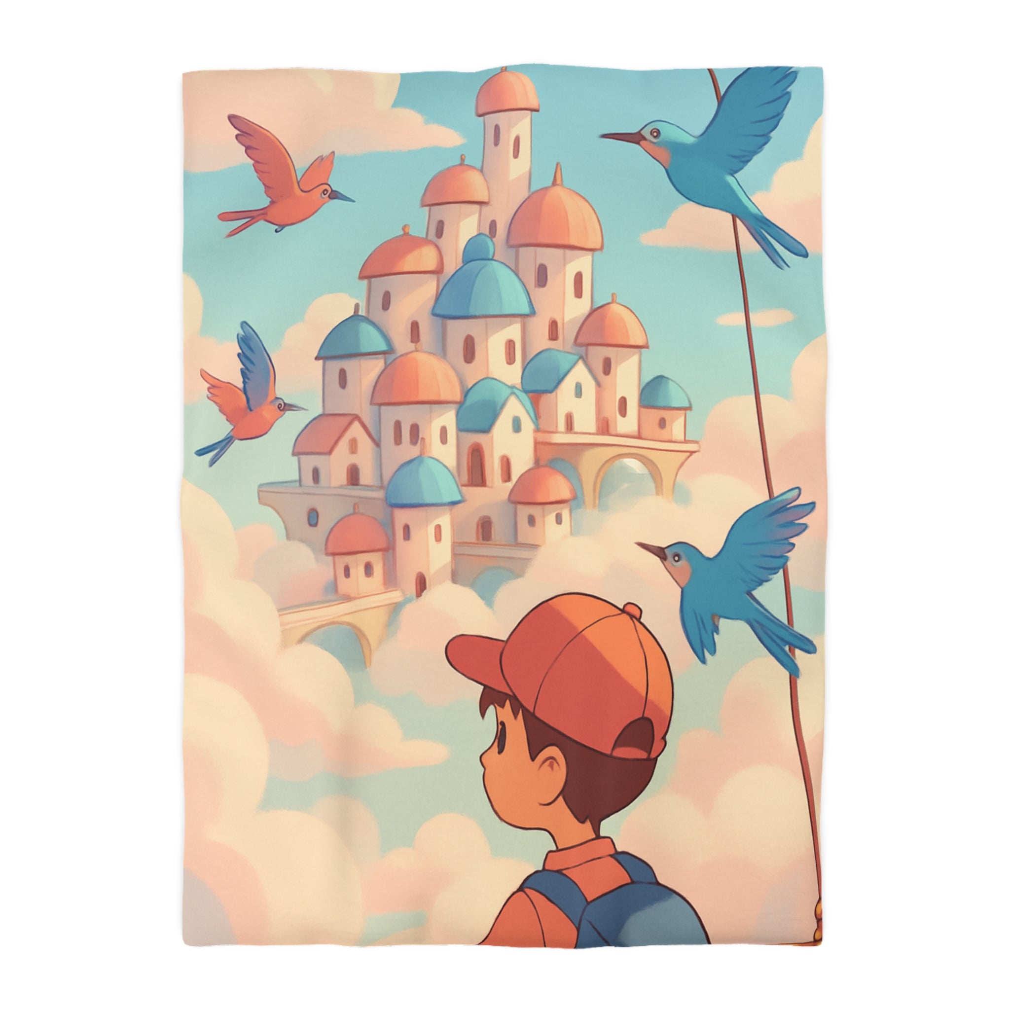 Housse de couette rêveuse avec enfant explorant un château céleste parmi les nuages