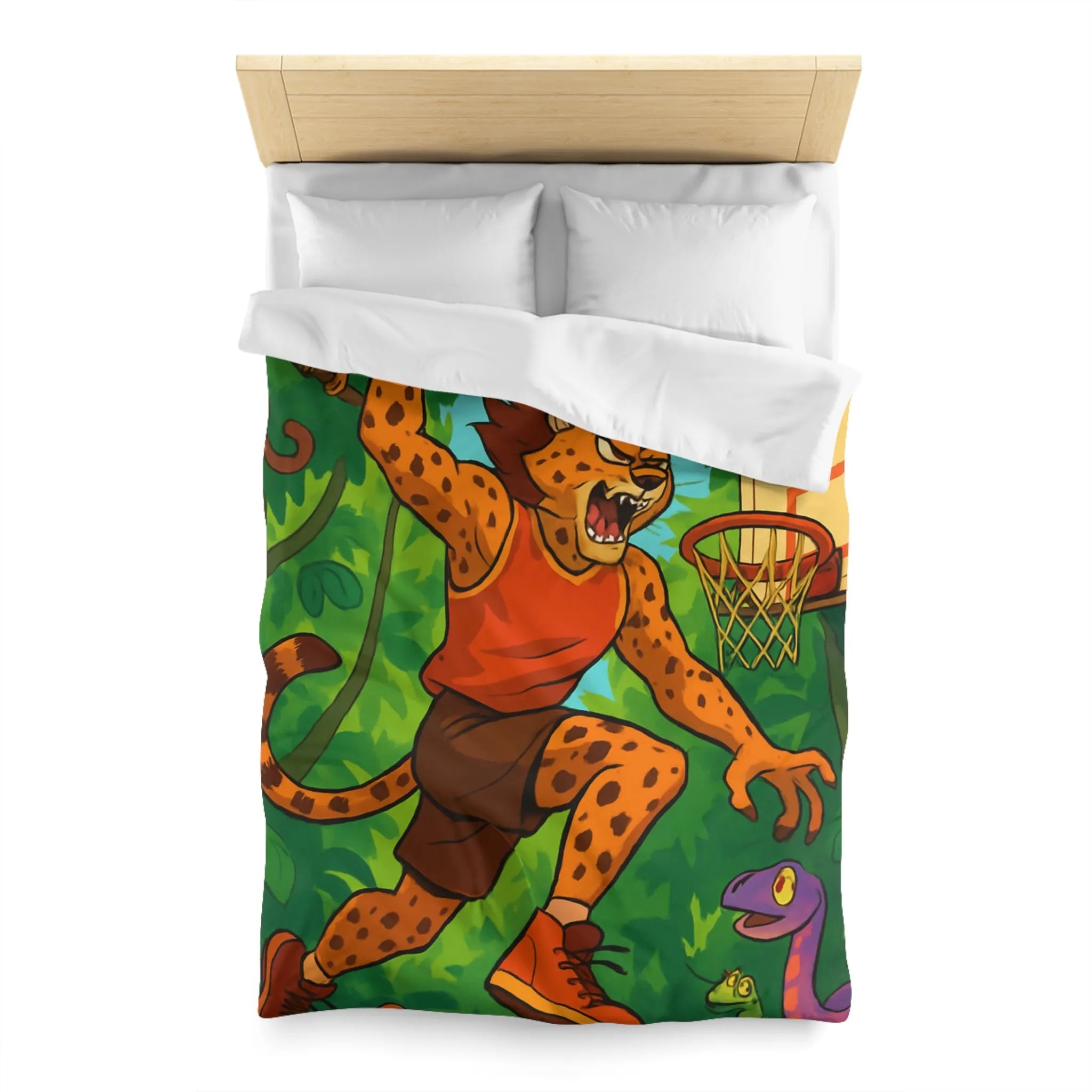 Housse de couette jungle dynamique avec lionceaux jouant au basket dans la forêt