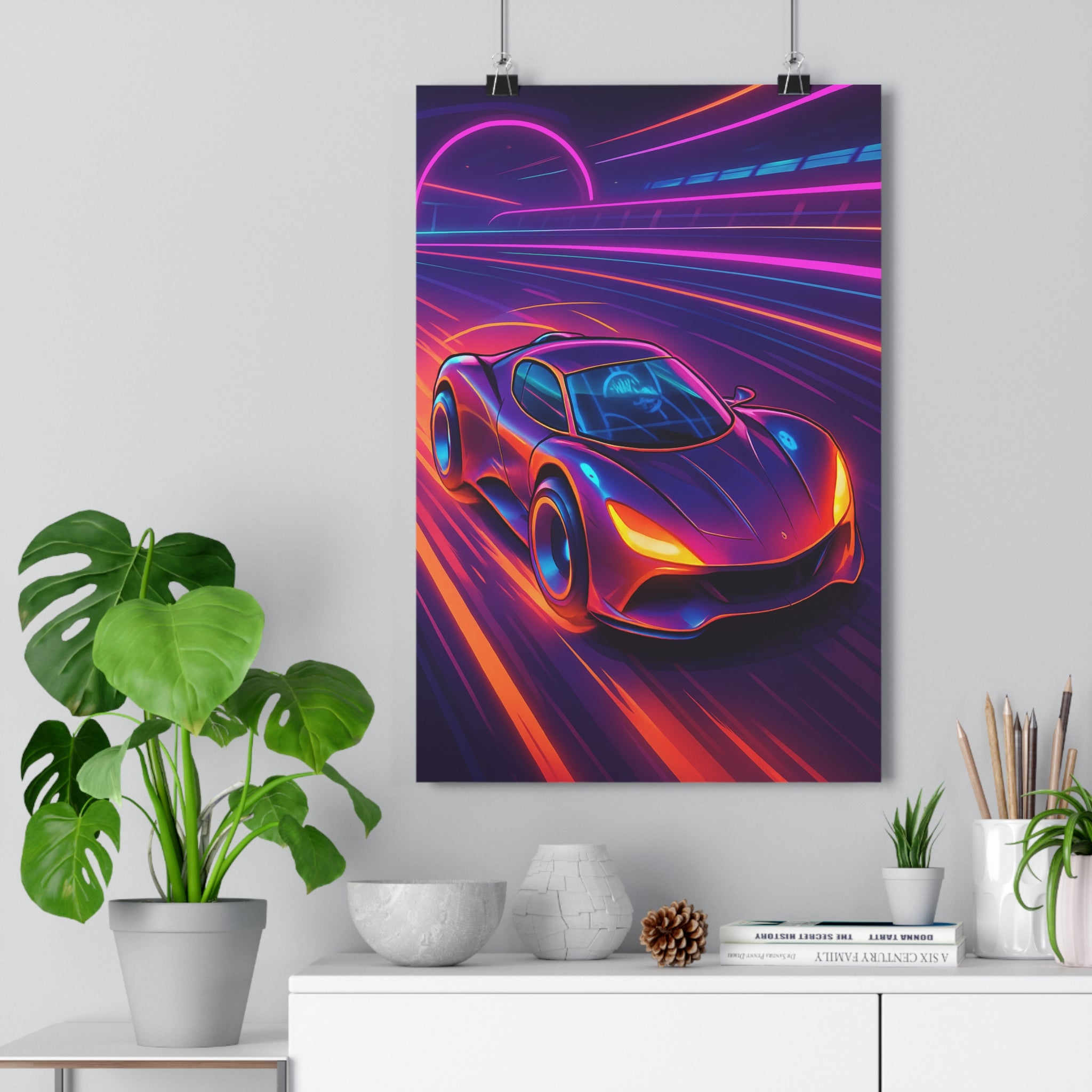 Poster décoratif voiture sportive futuriste néon rose bleu orange dessin animé moderne chambre salon