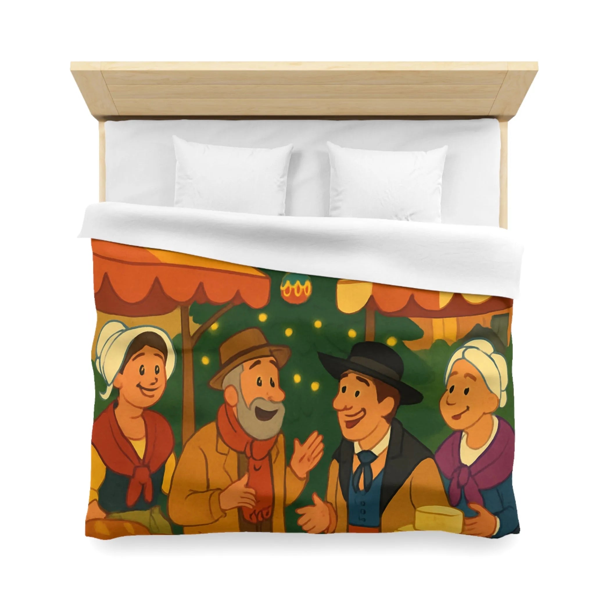Housse de couette festive avec marché de Noël et sapin illuminé au village