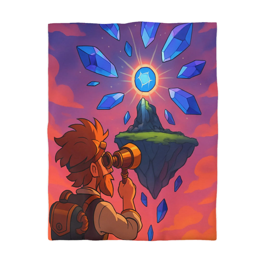 Housse de couette aventure fantastique avec cristaux flottants et scientifique explorateur