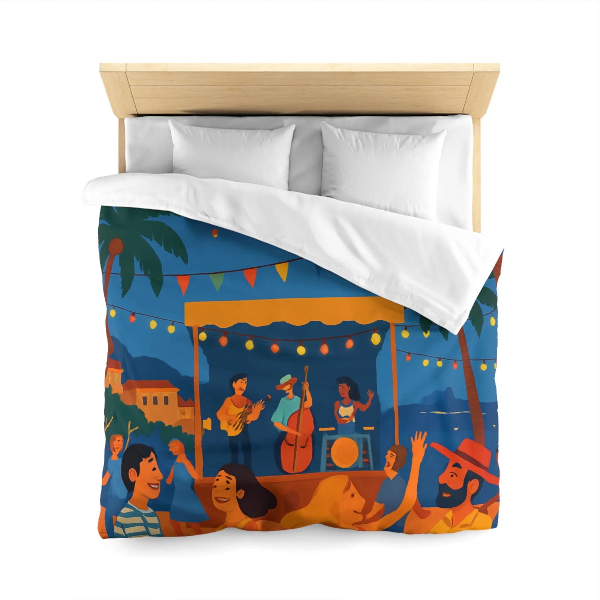 Housse de couette estivale scène festivale tropicale avec danseurs et lanternes lumineuses