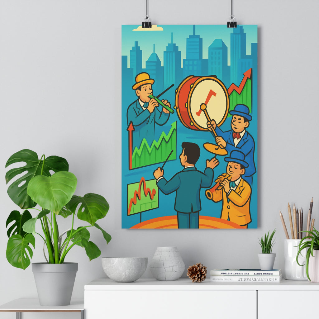 Poster décoratif cartoon surréaliste multicolore vibrant bureau salon art moderne ambiance dynamique orchestrale qualité