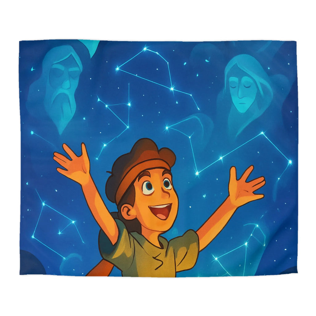 Housse de couette illustrée nocturne avec enfant, robot et constellations célestes inspirantes