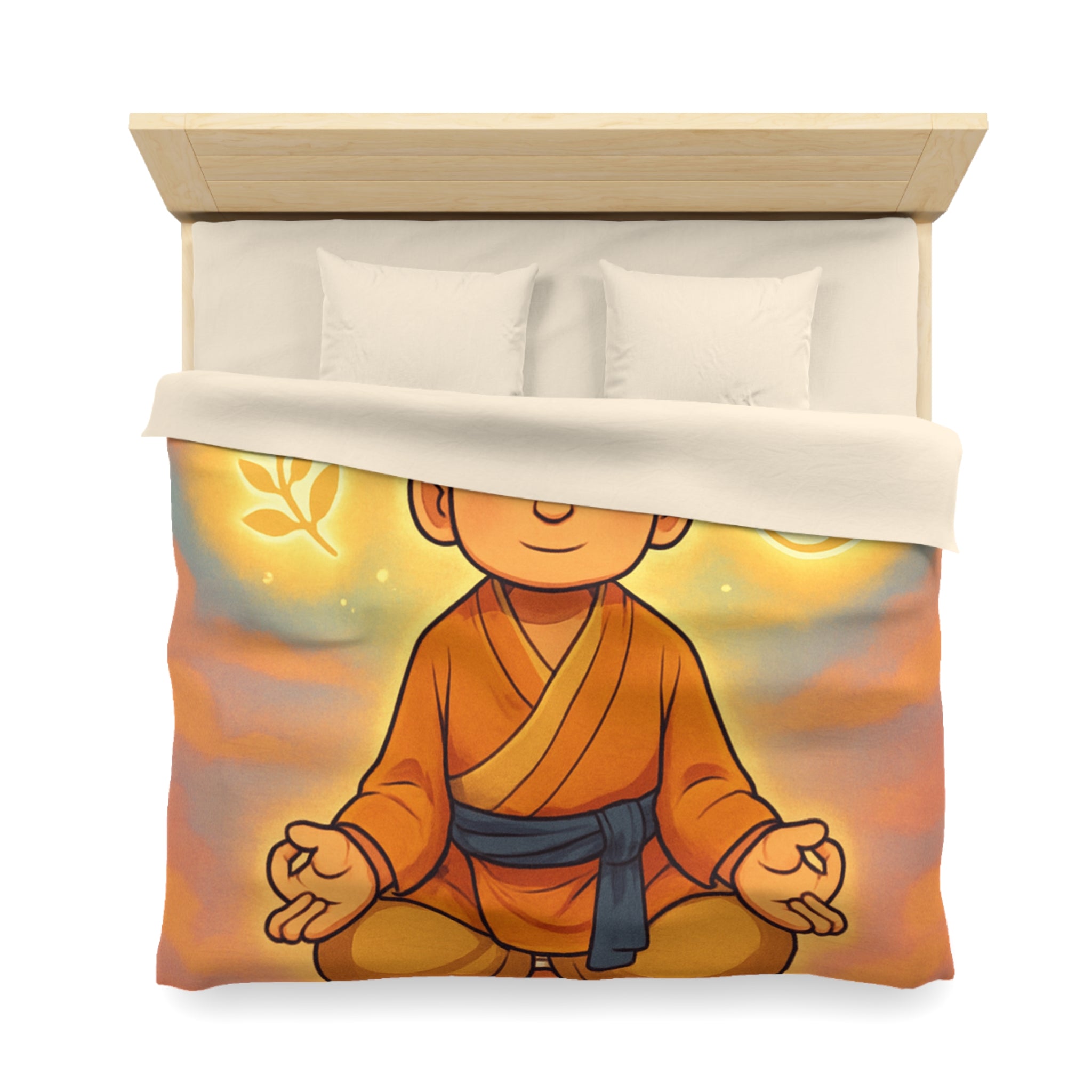 Housse de couette zen avec méditation, symboles spirituels, orange et bleu apaisant