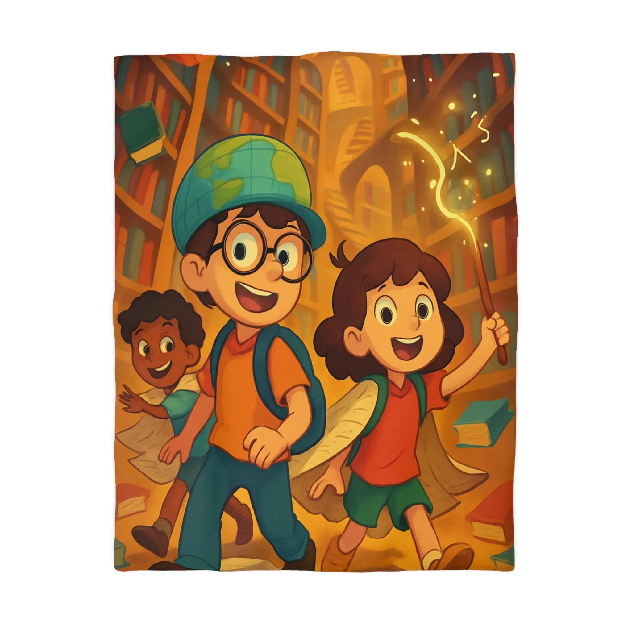 Housse de couette magique avec enfants explorant une bibliothèque enchantée et livres volants