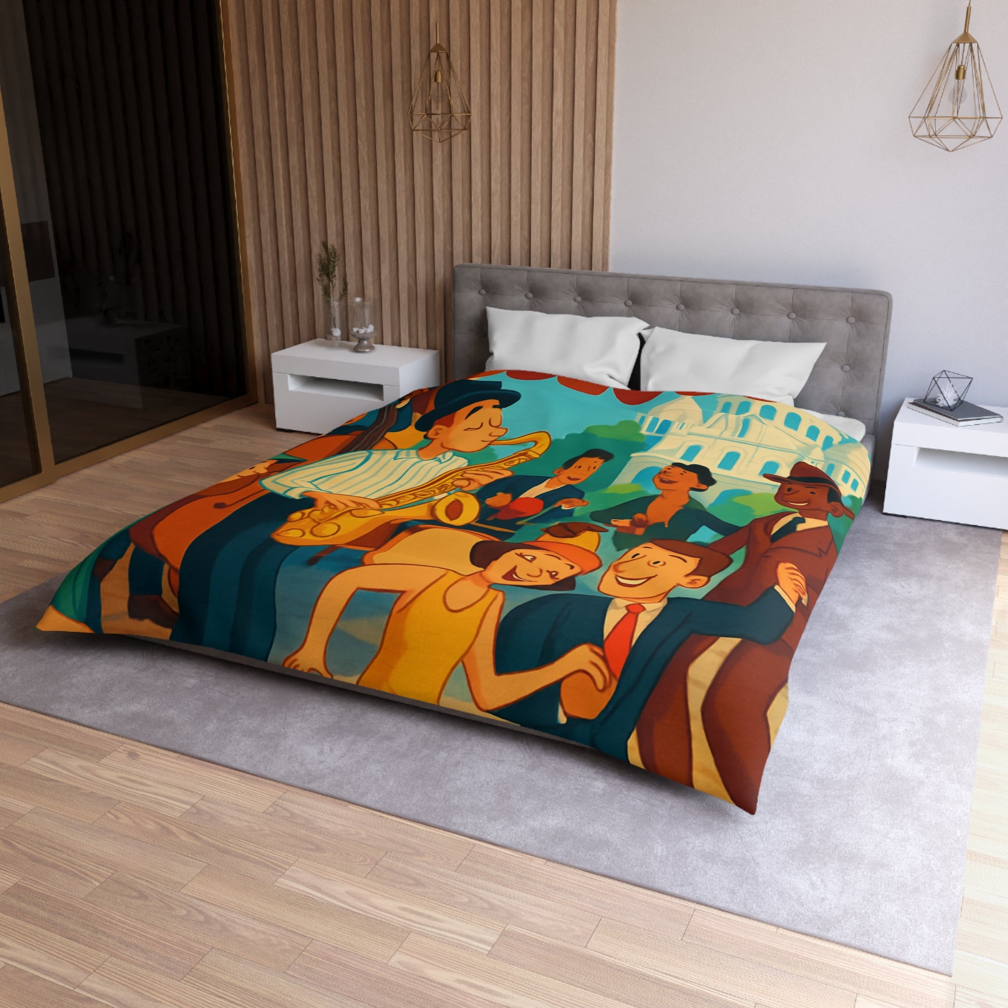 Housse de couette vintage avec scène de musique jazz animée et danse joyeuse