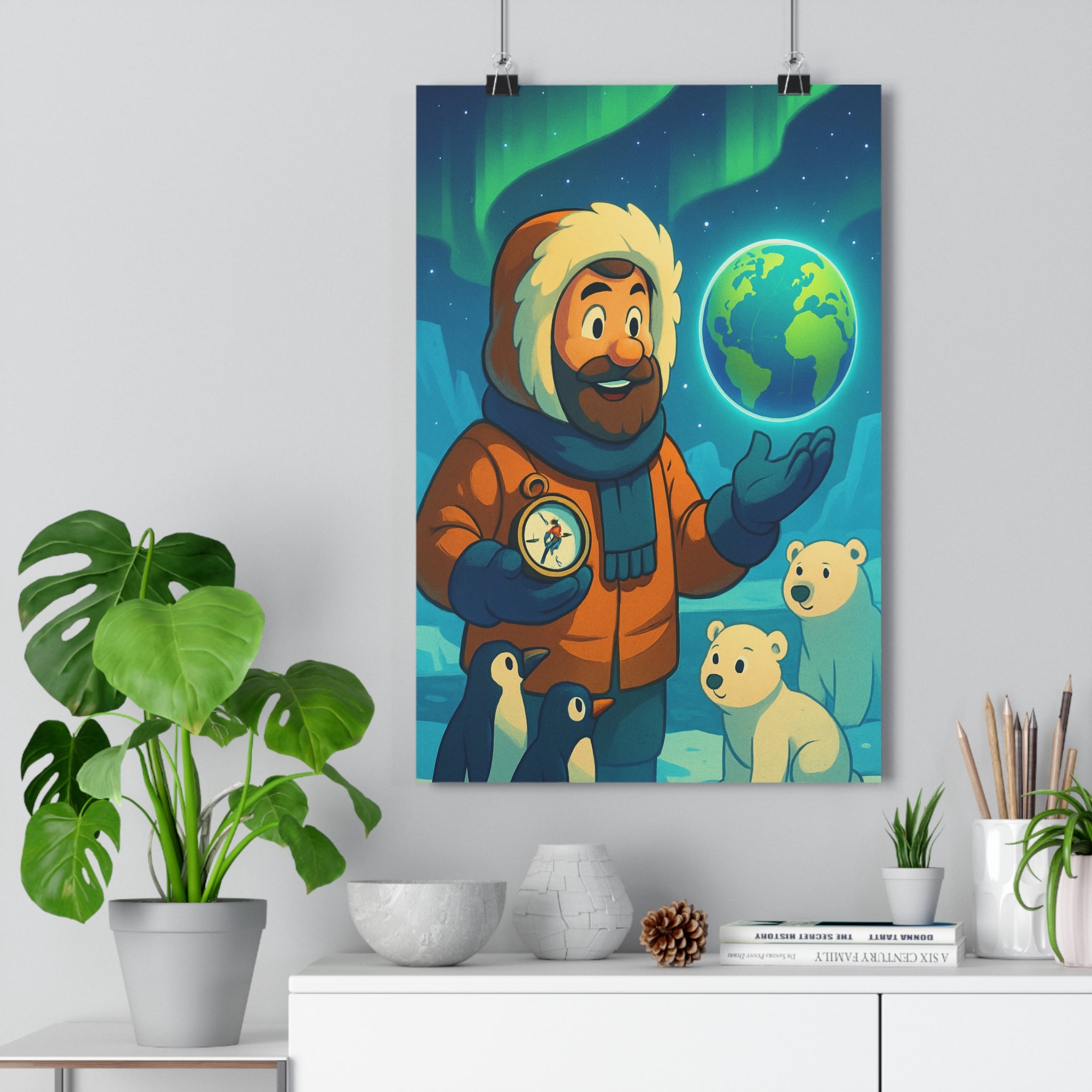 Poster décoratif cartoon aventure bleu blanc chambre enfant chaleureux explorateur polaire pingouin ourson boussole
