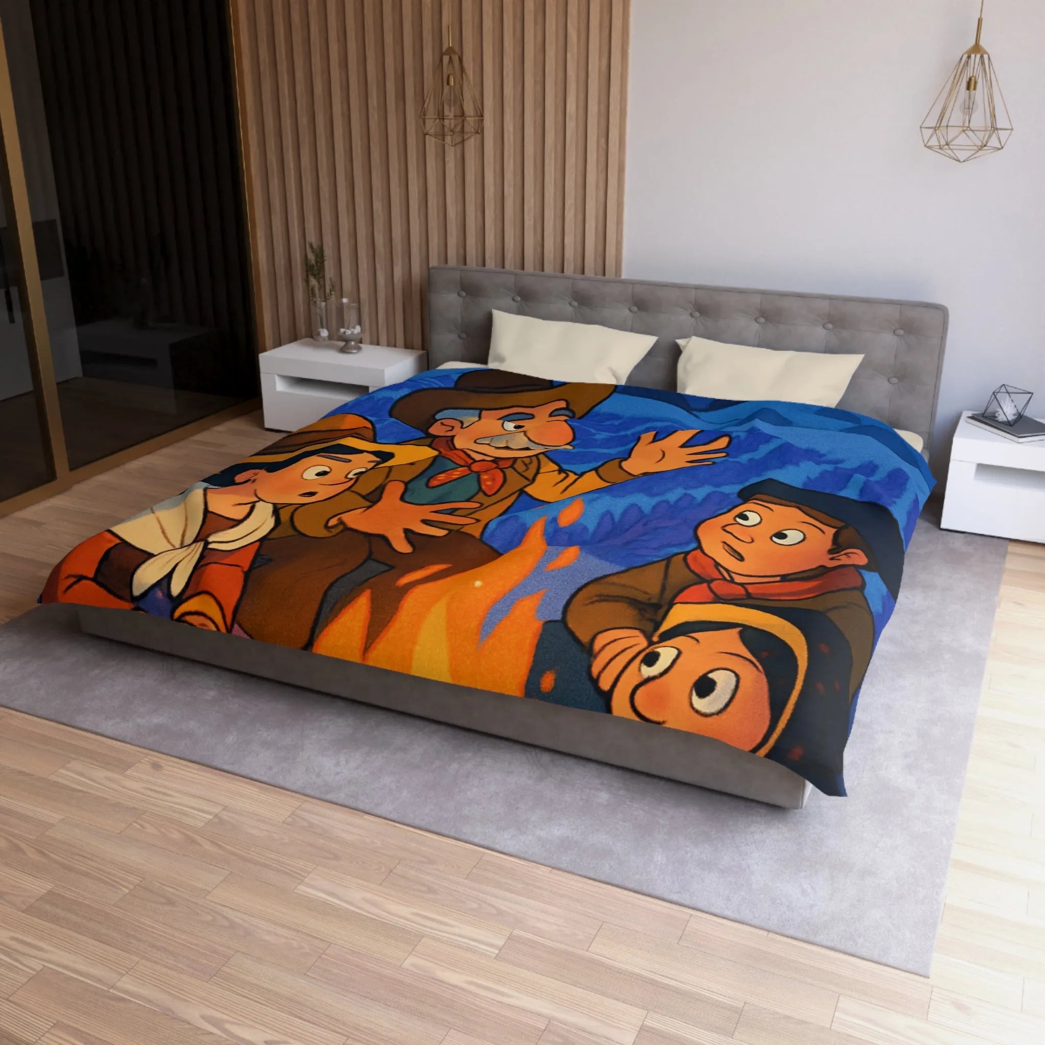 Housse de couette colorée avec scène animée racontant une histoire sous les étoiles