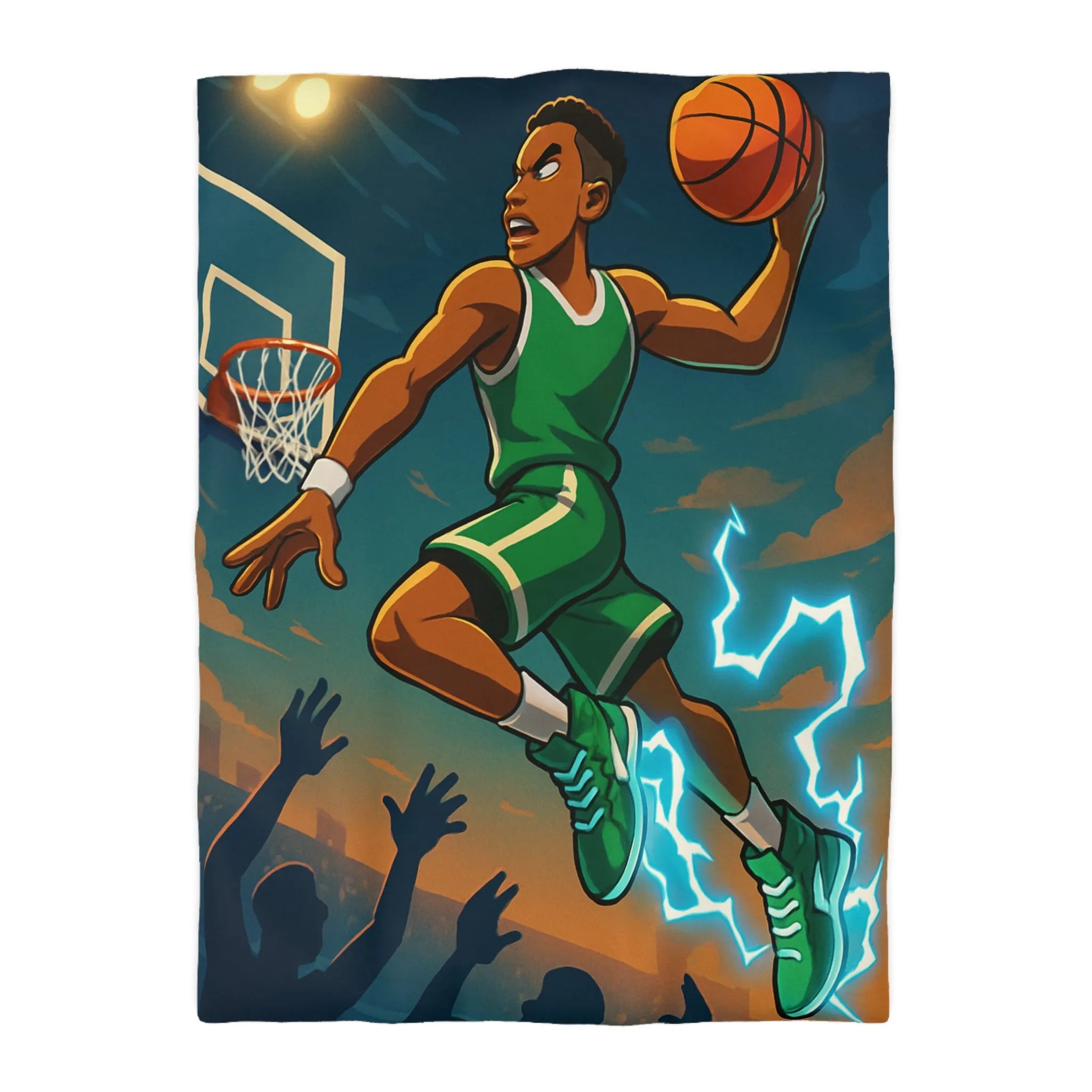 Housse de couette basket dynamique avec joueur en plein slam dunk lumineux