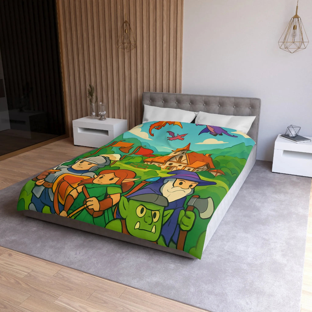 Housse de couette aventure médiévale avec dragons, chevalier, elfe, sorcier et troll