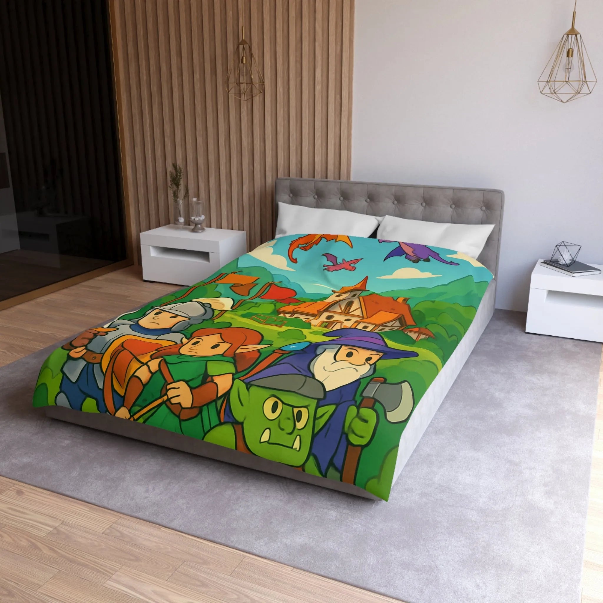Housse de couette aventure médiévale avec dragons, chevalier, elfe, sorcier et troll