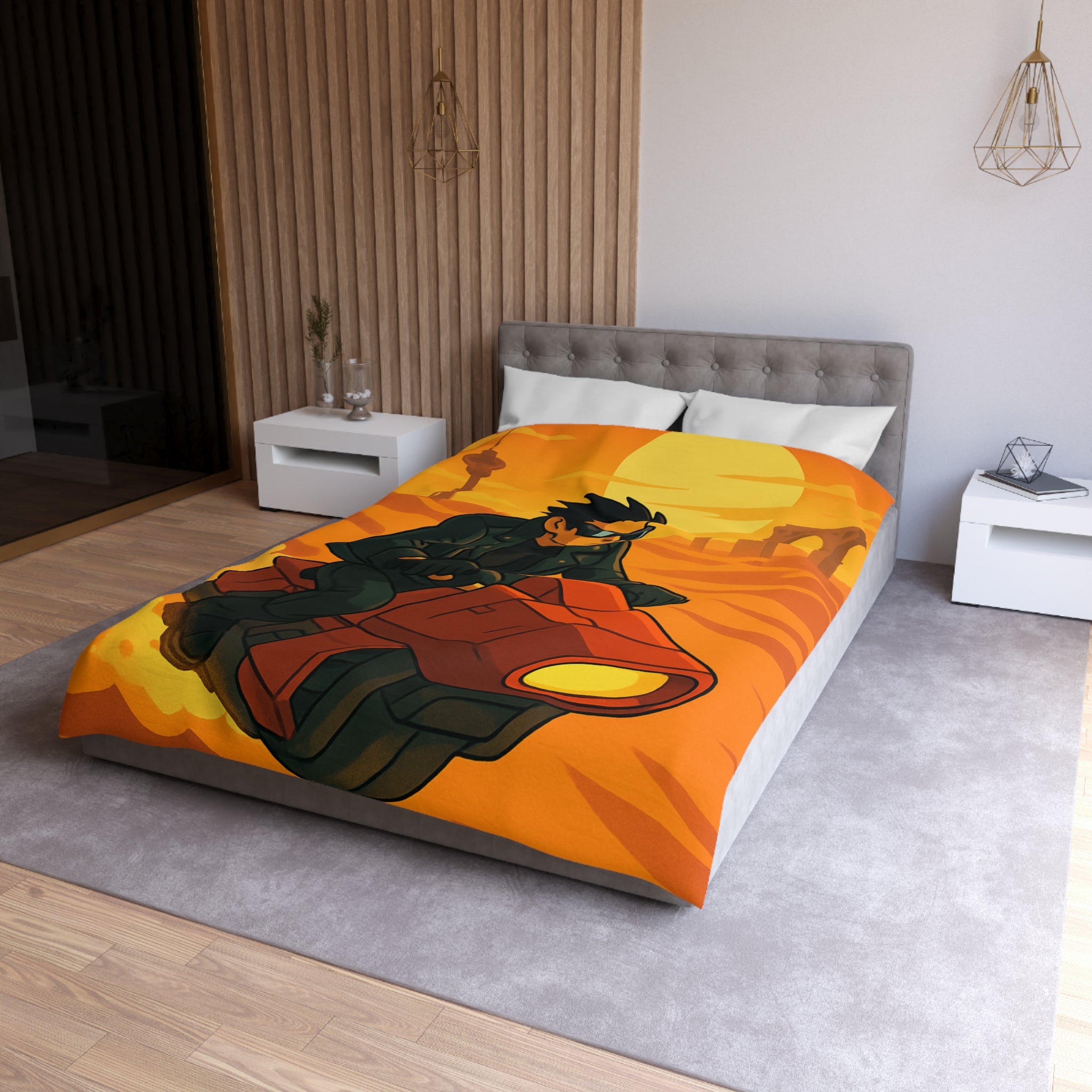 Housse de couette moto futuriste sur désert orangé avec soleil couchant et ruines