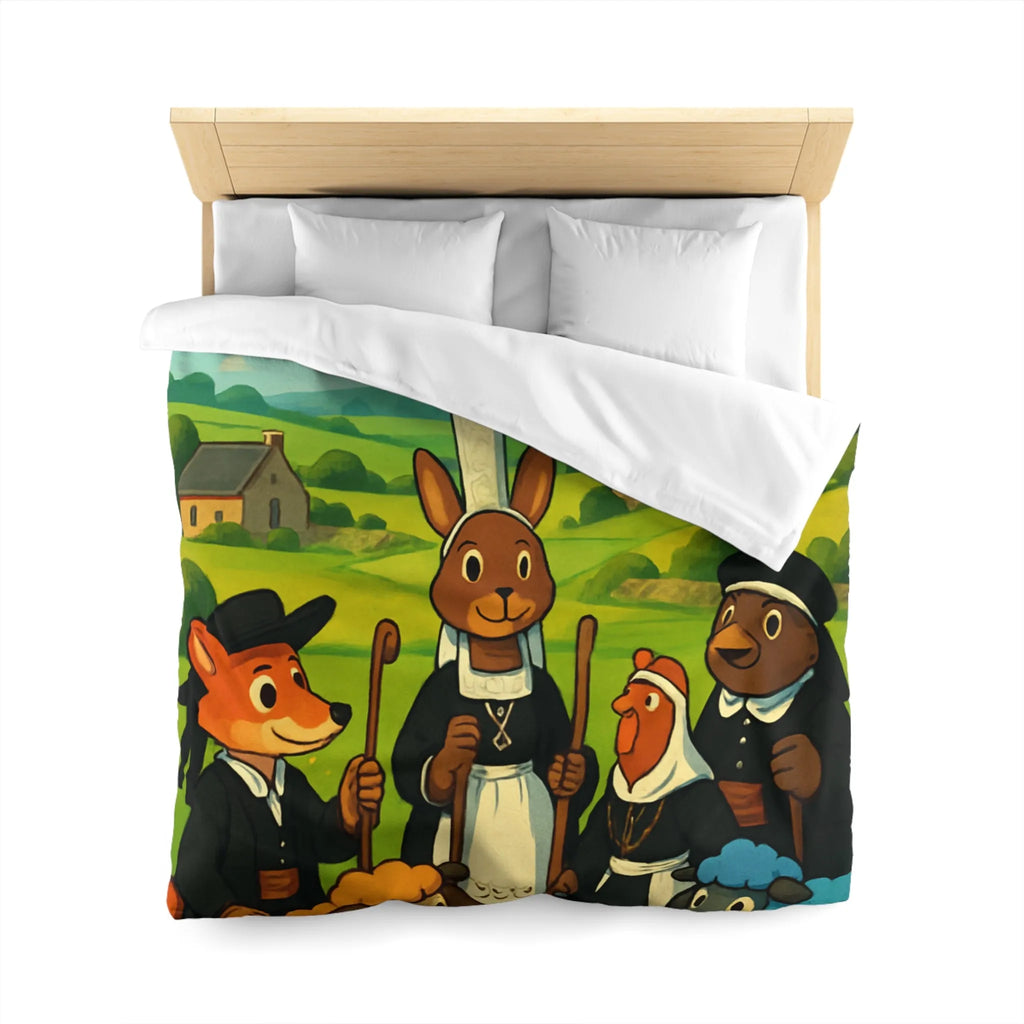 Housse de couette colorée avec animaux de ferme habillés dans un paysage champêtre