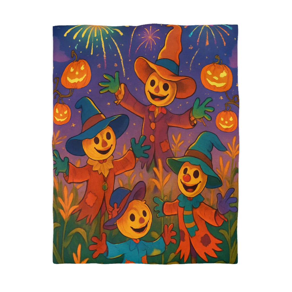 Housse de couette joyeux épouvantails et citrouilles lumineuses pour ambiance festive et colorée