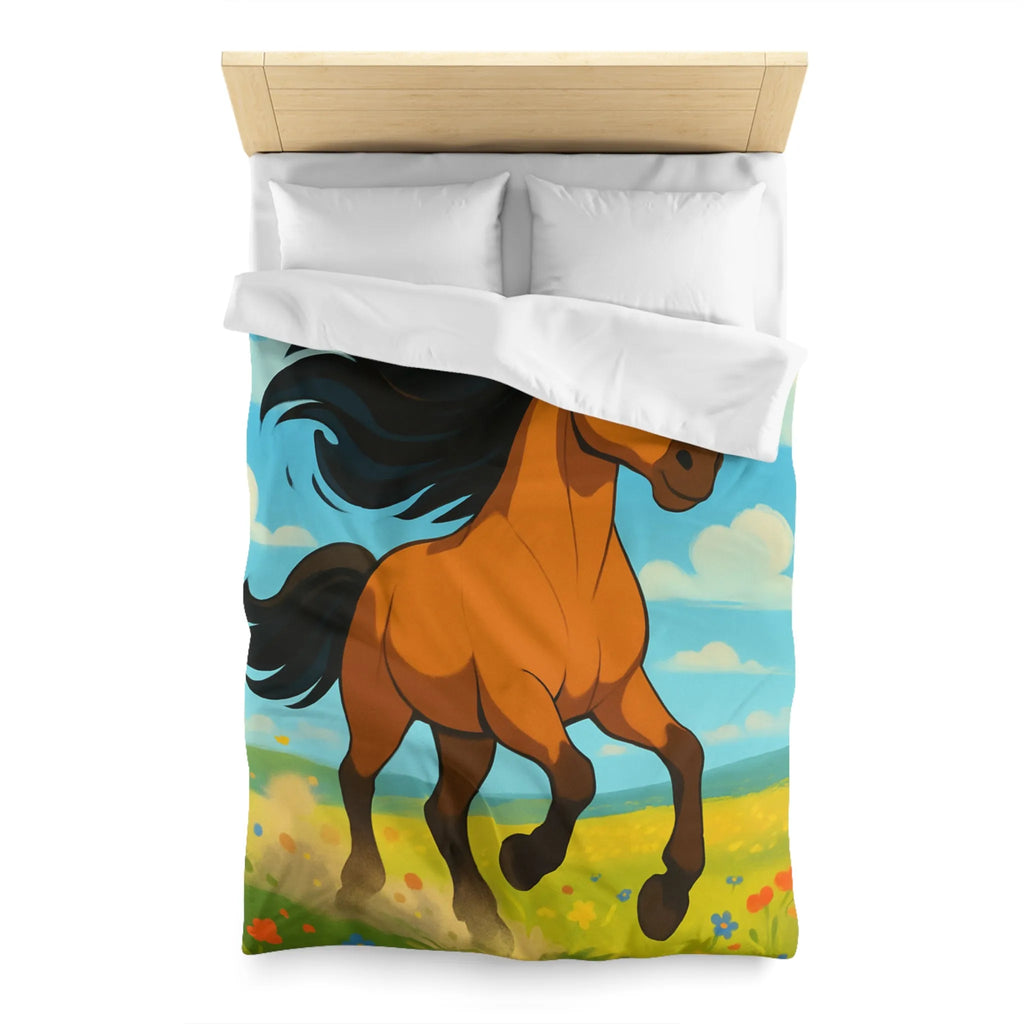 Housse de couette cheval couleur vive, prairie en fleurs, nuages, ciel bleu
