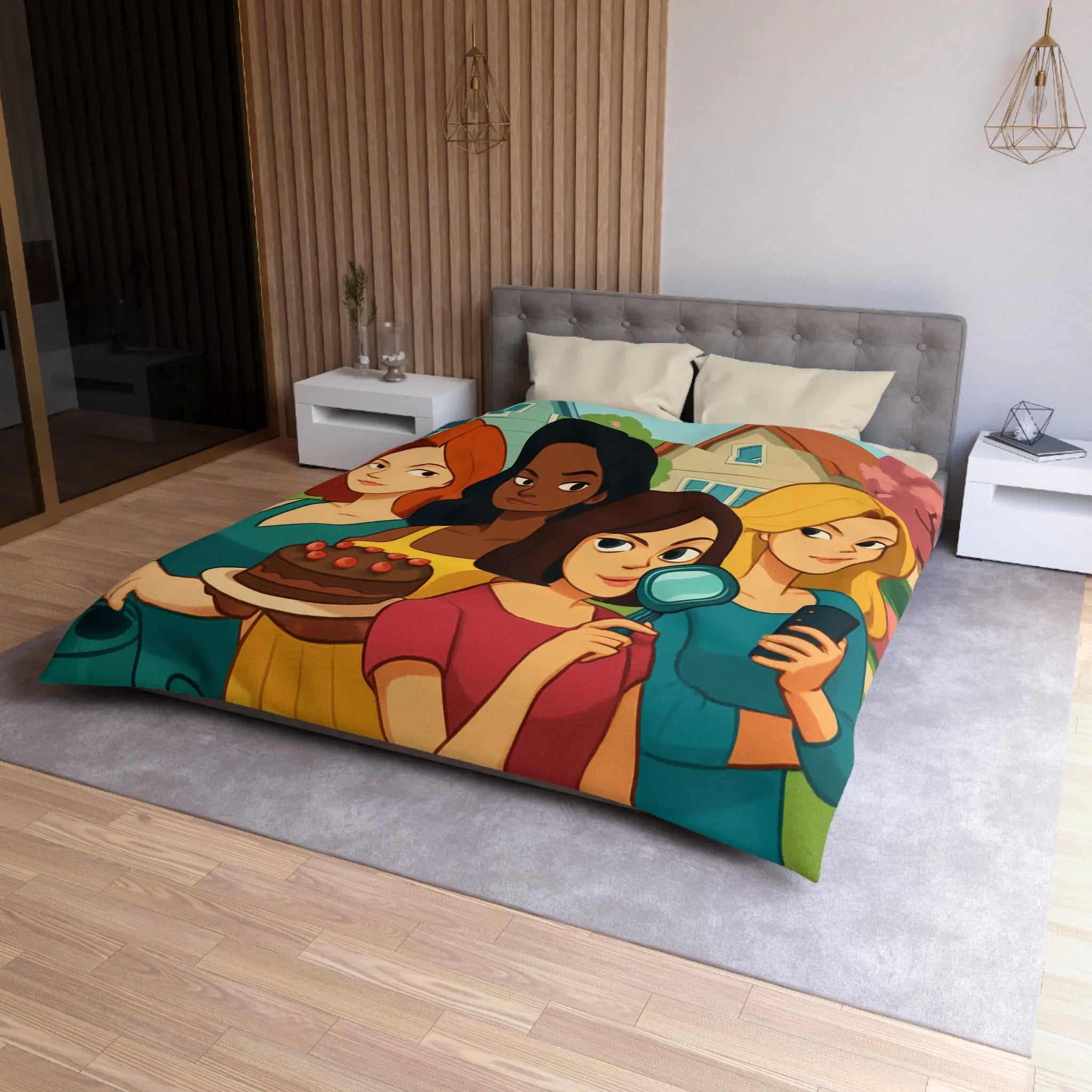Housse de Couette Illustrée Fête Femme Jardin avec Loupe Gâteau et Téléphone