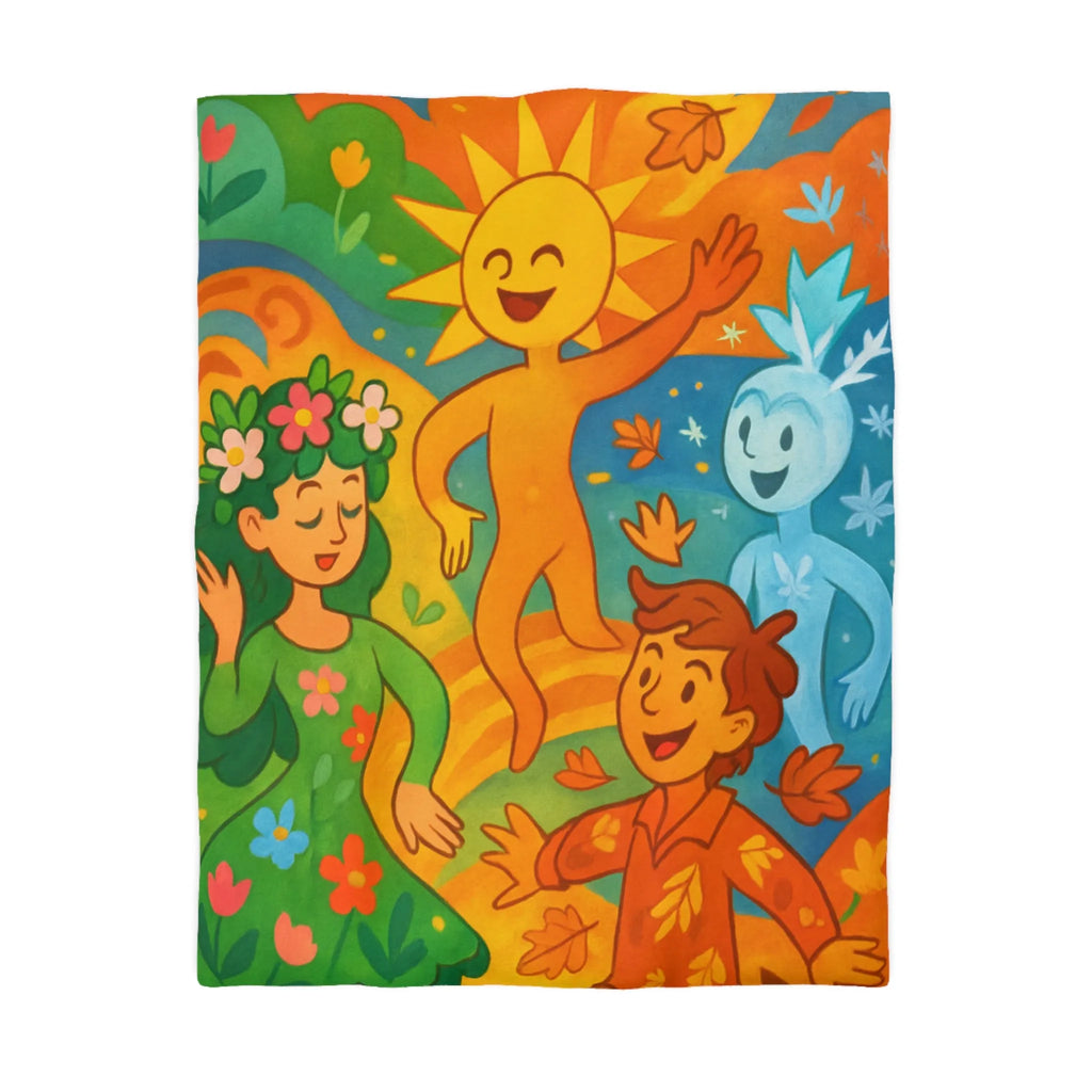 Housse de couette éclatante illustrant les quatre saisons dans un design ludique et coloré