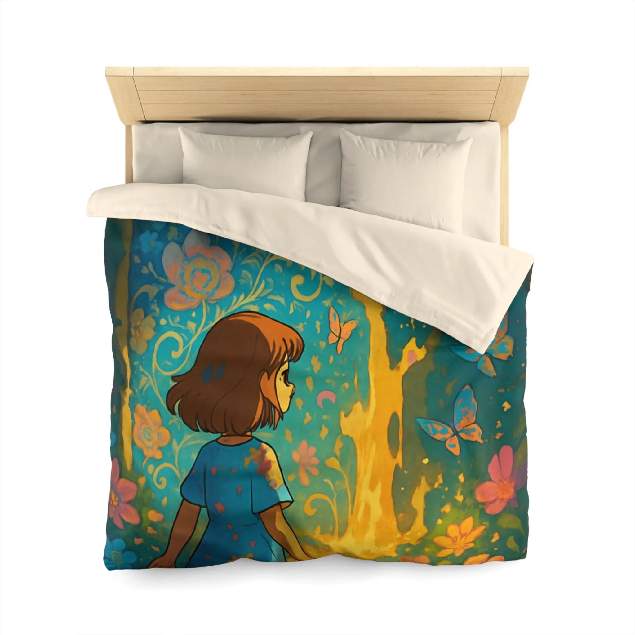 Housse de Couette Enfantine Féerique avec Papillons et Fleurs, Tons Vifs et Lumineux