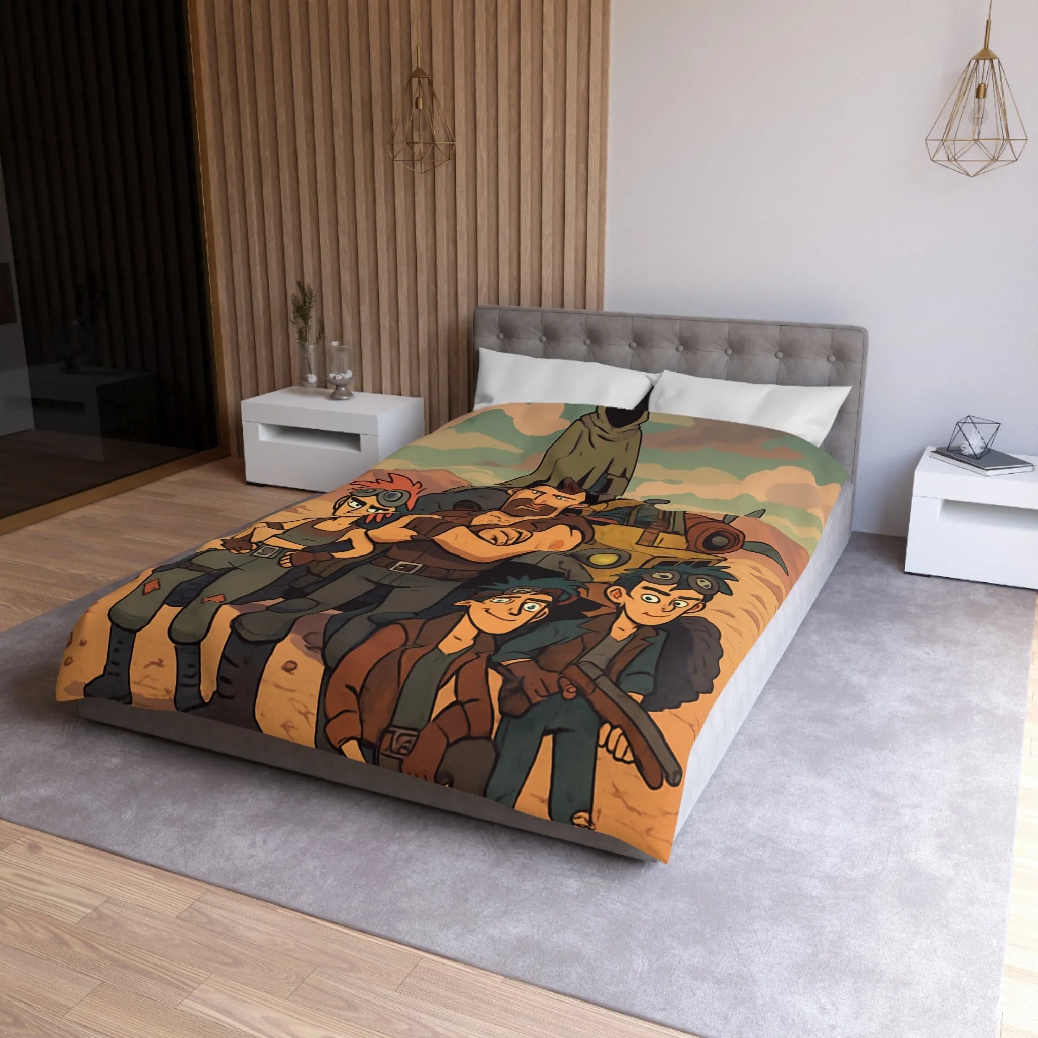 Housse de couette aventure désertique avec personnages et véhicule, style post-apocalyptique