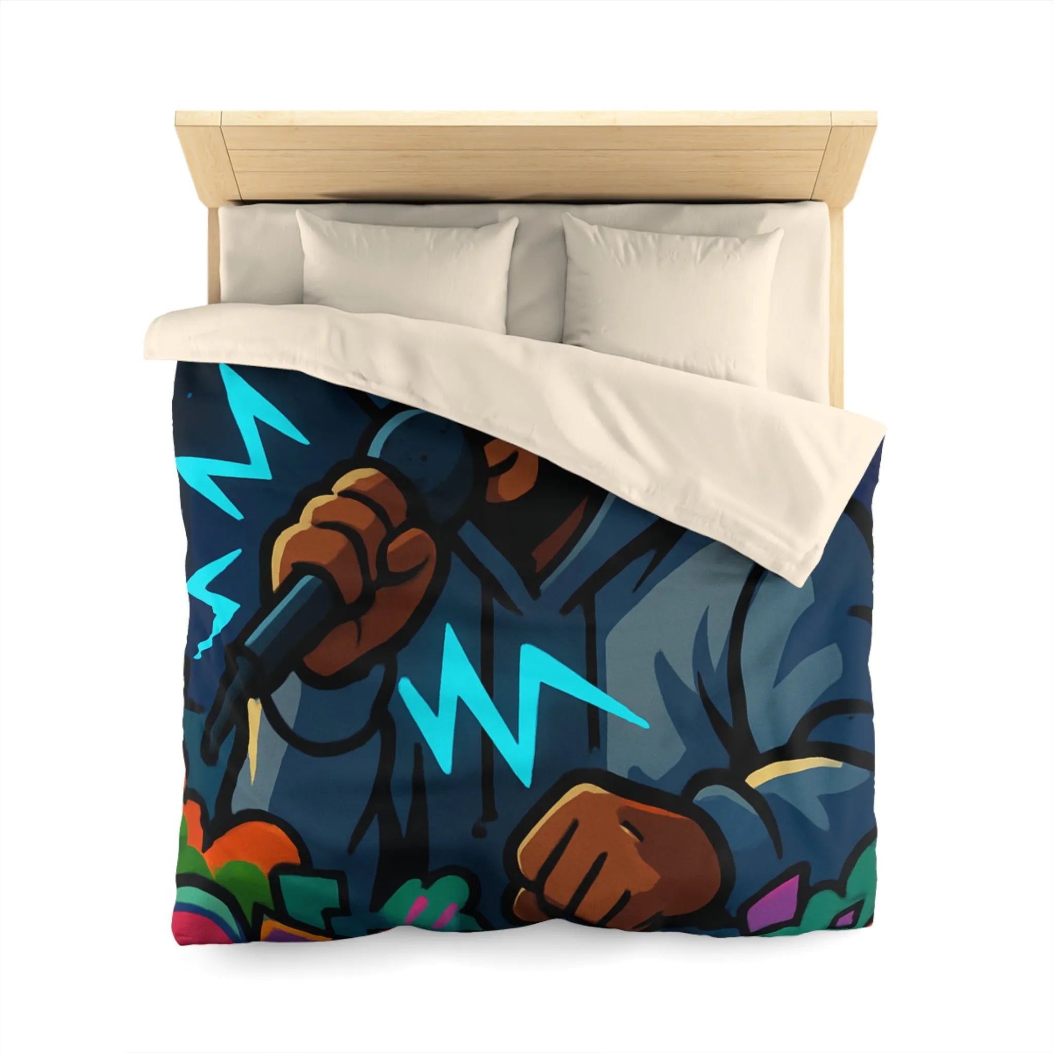 Housse de couette avec artiste hip-hop en hoodie et graffitis colorés de rue