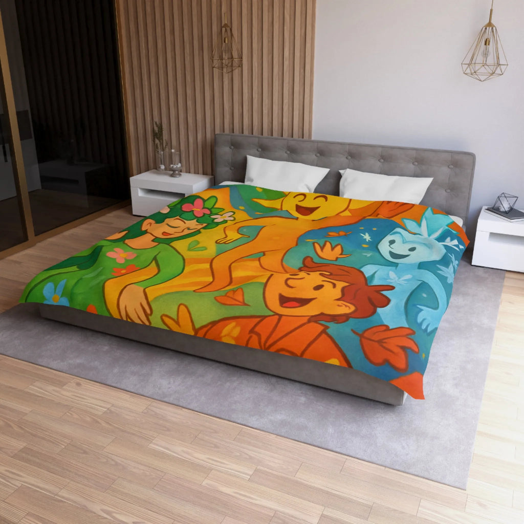 Housse de couette éclatante illustrant les quatre saisons dans un design ludique et coloré