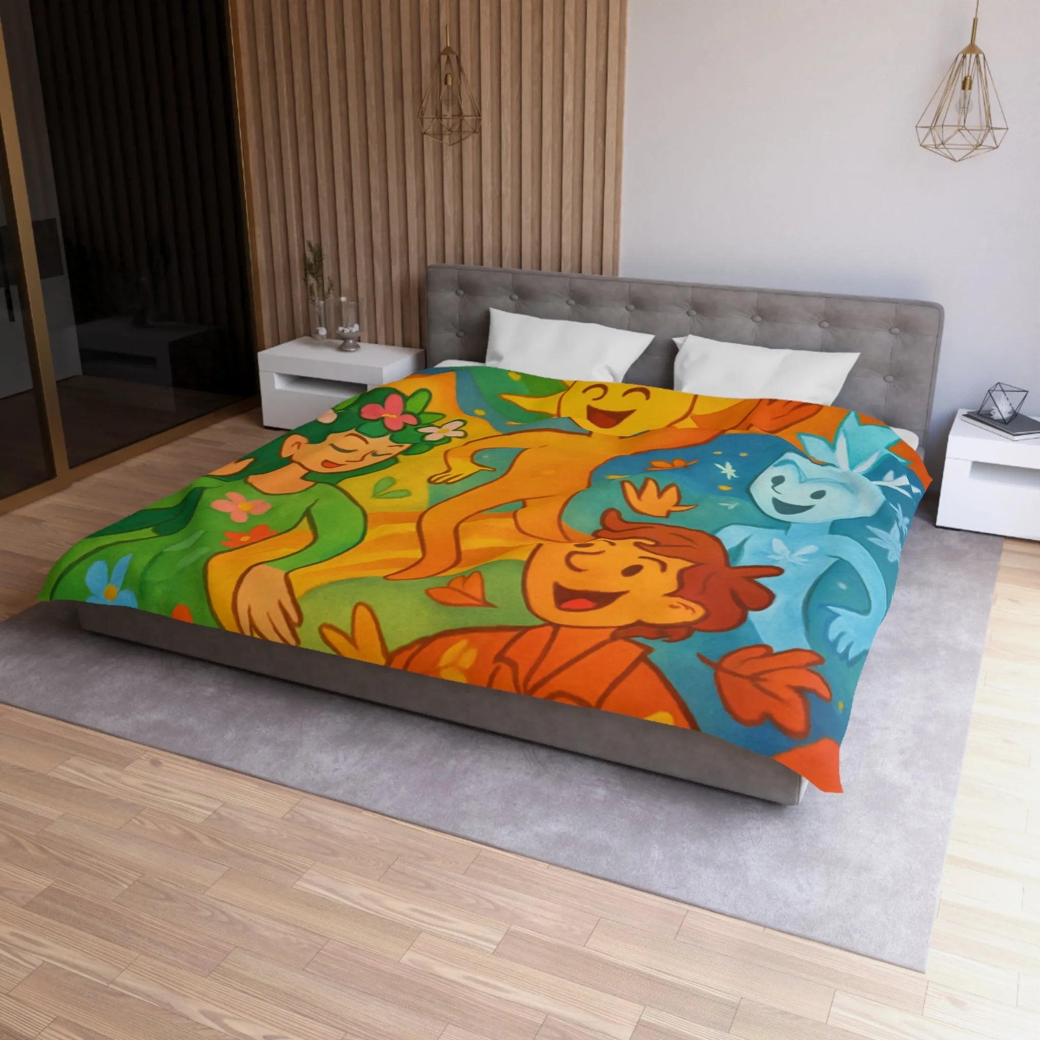 Housse de couette éclatante illustrant les quatre saisons dans un design ludique et coloré