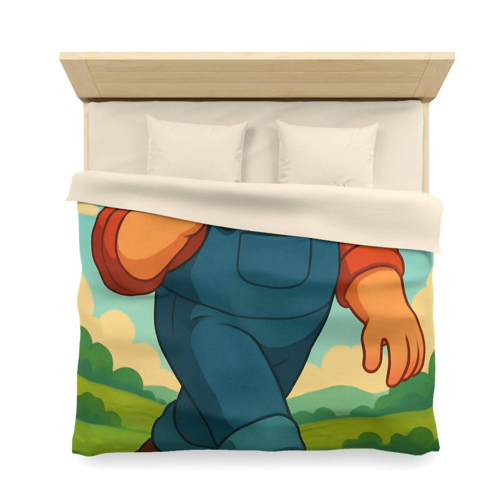 Housse de couette fermier joyeux avec animaux, arc-en-ciel et tracteur, paysage coloré