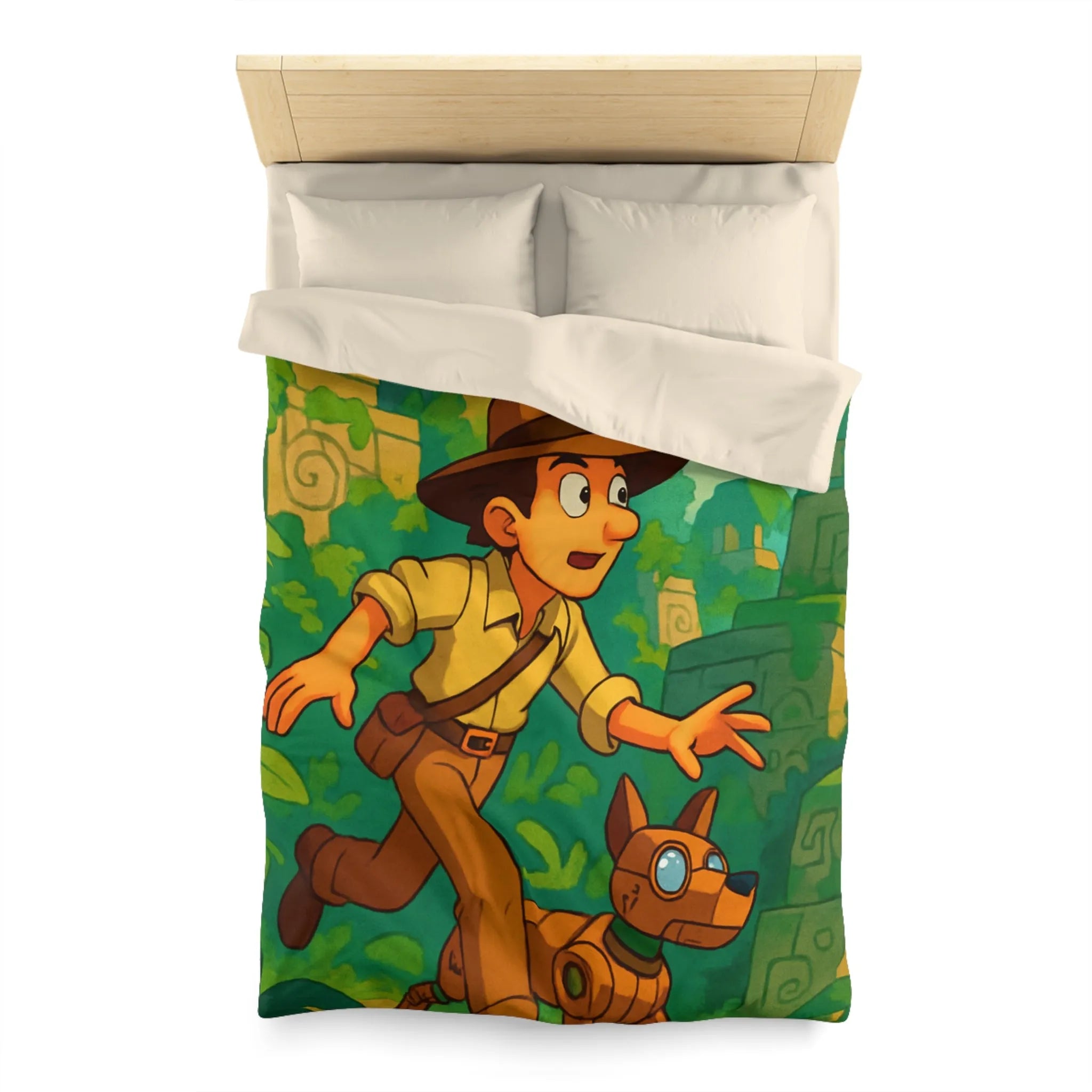 Housse de couette aventure jungle avec personnage explorateur et chien robotique animé