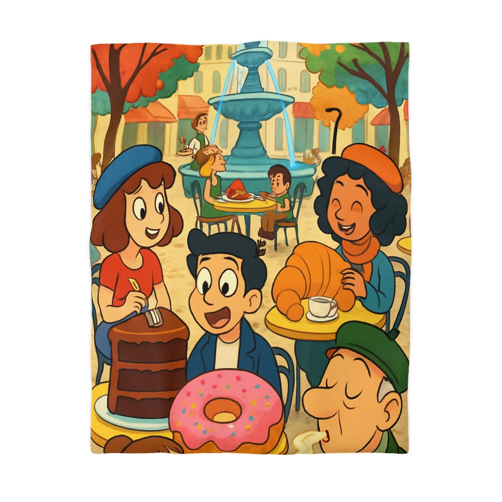 Housse de Couette Illustrée Café Parisien Déjeuner en Plein Air Ambiance Automnale Colorée