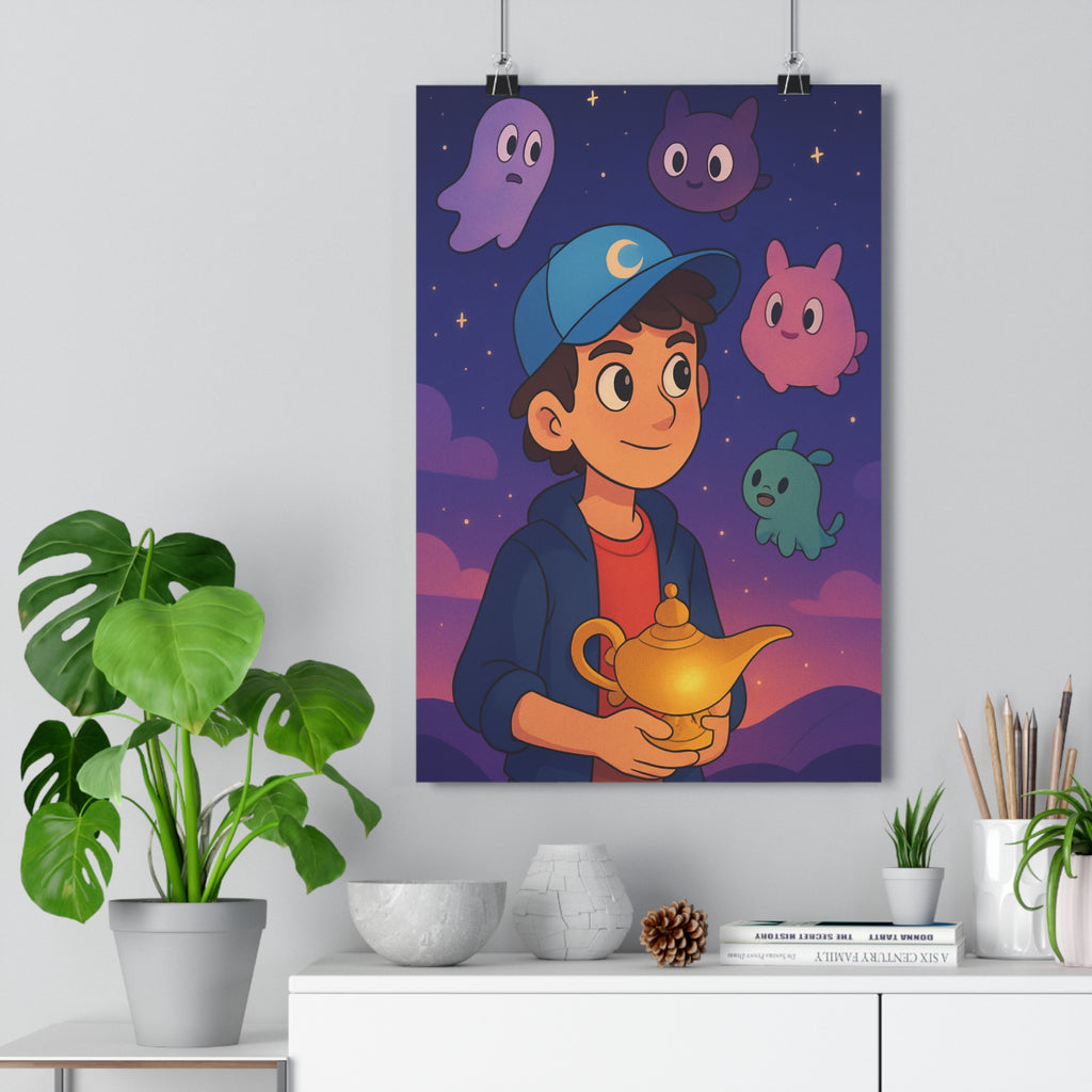 Poster décoratif enfant cartoon bleu rose magique rêve fantaisie chambre créatif étoilé ambiance garçon